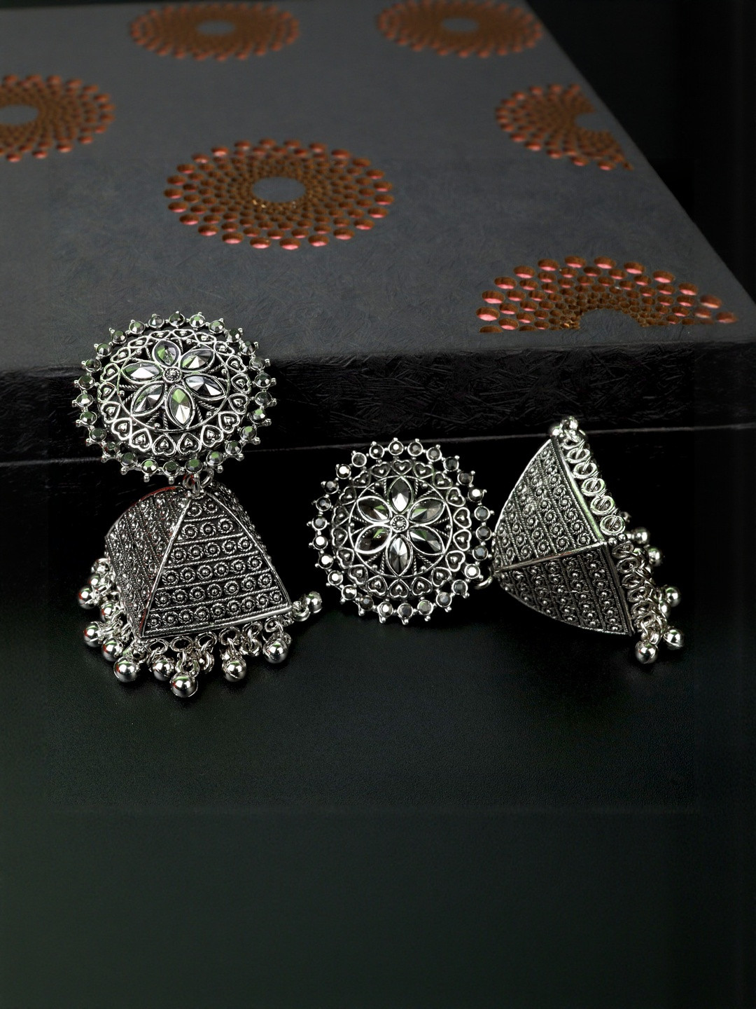 Floky Silver-Plated Artificial Stones Studded Dome Shaped Jhumkas