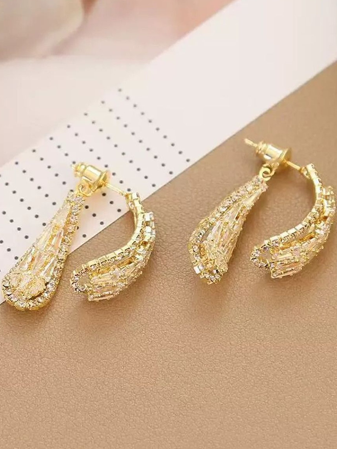 FIMBUL Gold-Plated Baguette & Pave Crystals Teardrop Drop Earrings
