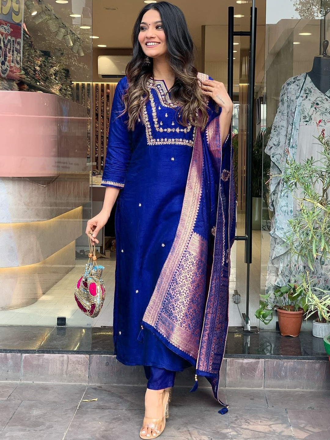 MEHZEEL FAB Ethnic Motifs Embroidered Notch Neck Straight Kurta With Trousers & Dupatta