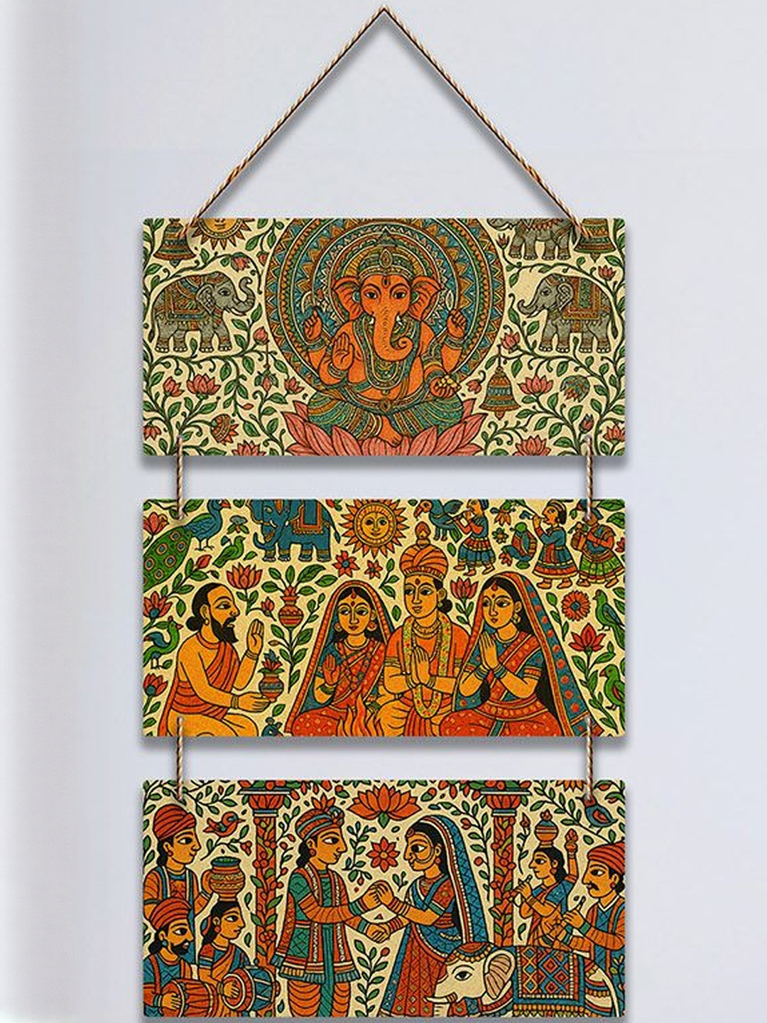 ArtVibes Green & Brown Printed Divine Indian Religious Art Wooden Wall Hanging