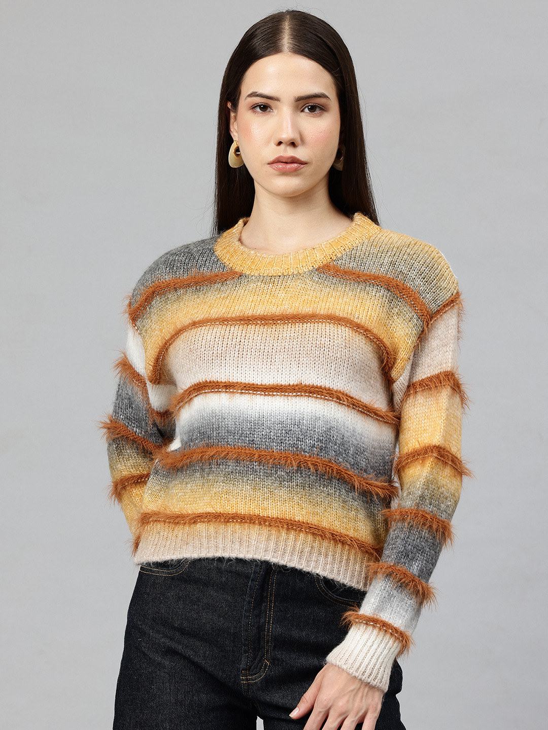 Pierre Carlo Horizontally Self-Striped Drop-Sleeves Pullover with Frayed Detail