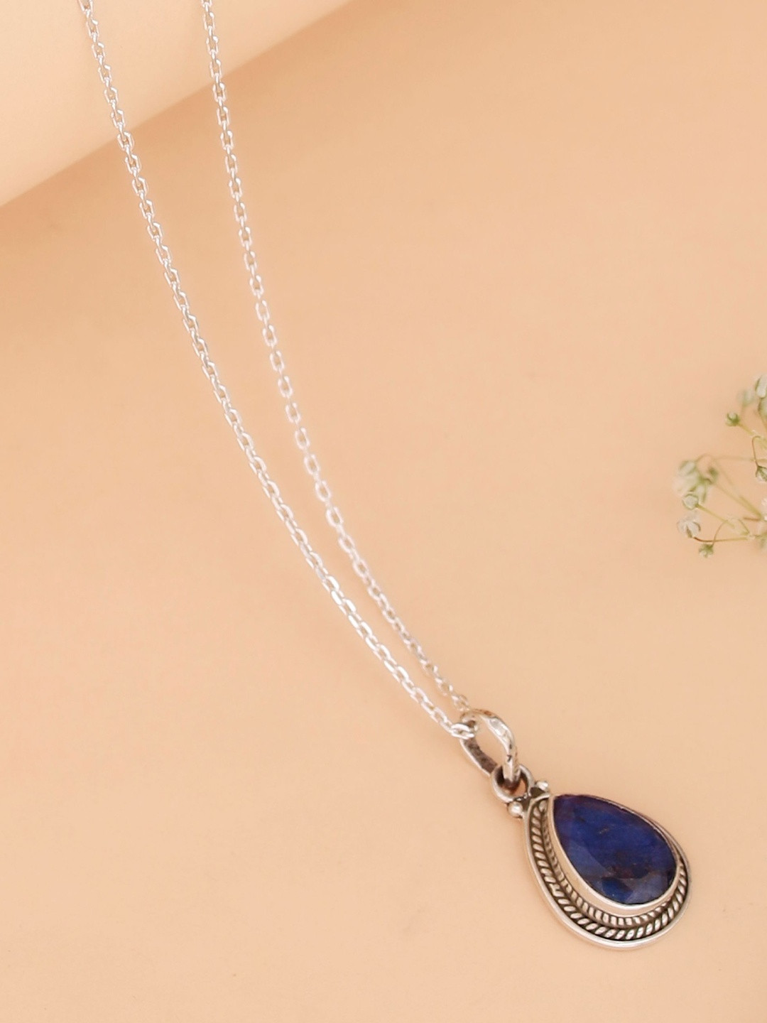 FUSIONARI 925 Silver Lapis Lazuli Studded Teardrop Shaped Pendant With Chain