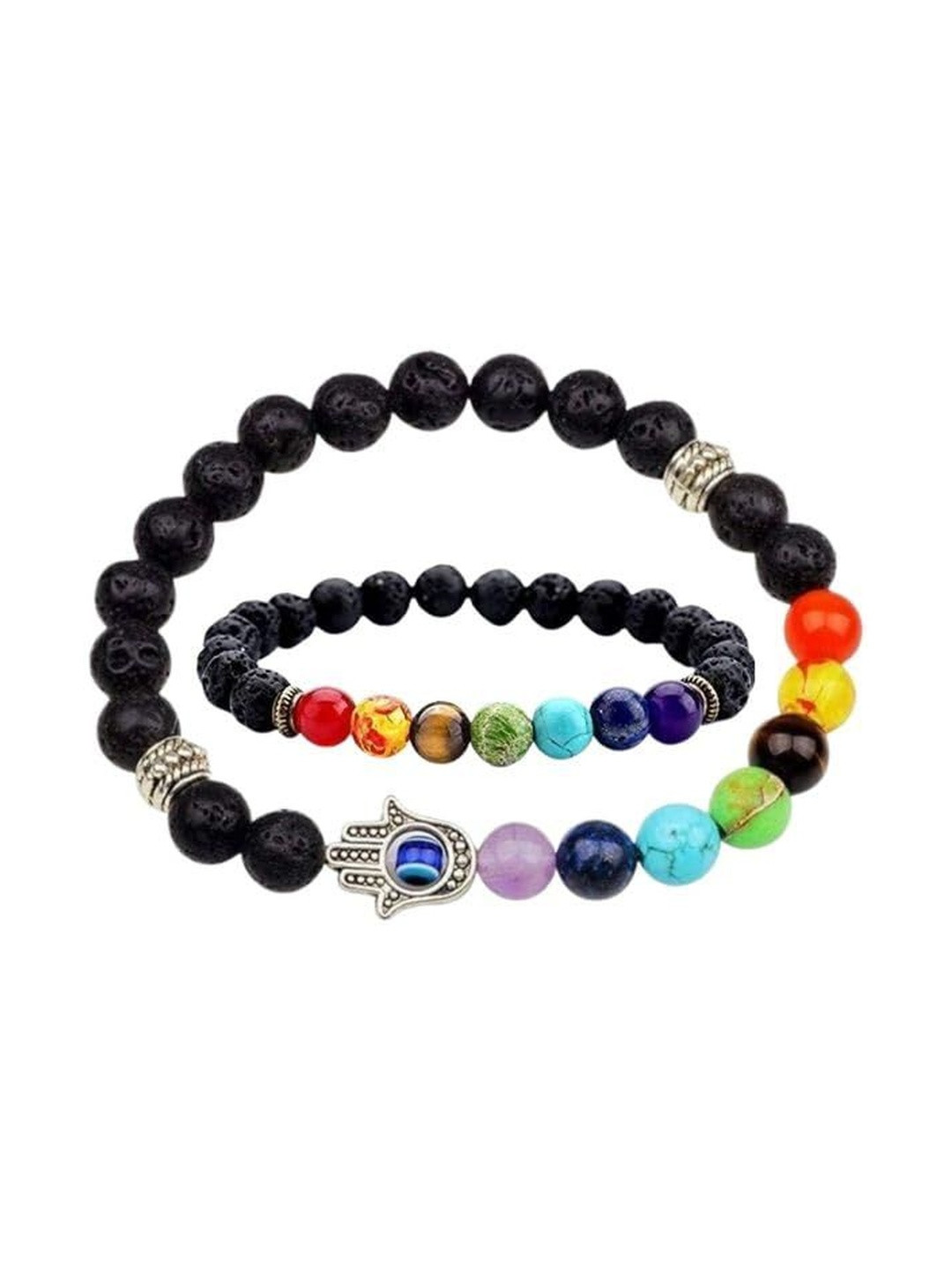 Lovemi Movements Women Set of 2 Lava and Gemstone Beaded 7 Chakra Hamsa Bracelets