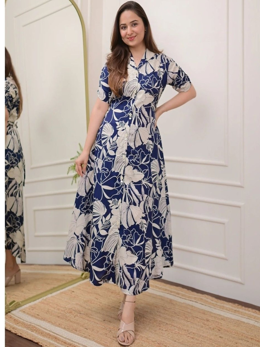 Jaipuri Fashionista Women Blue Printed Viscose Rayon Casual Shirt Collar Kurta