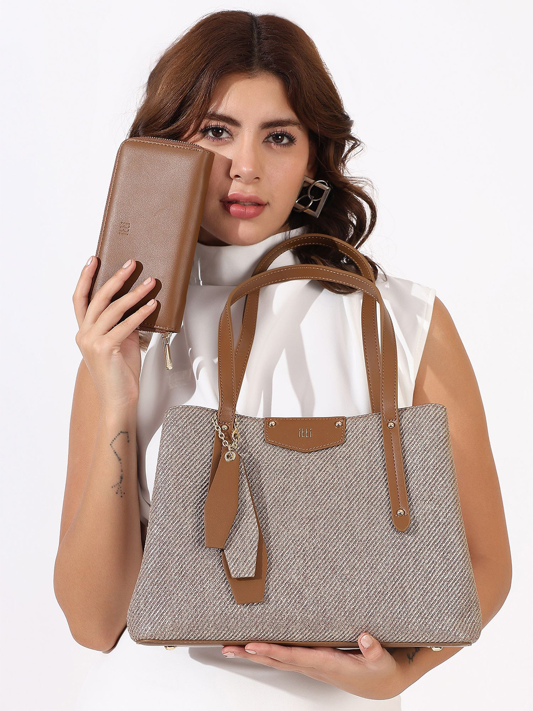 itti Women Astre Textured Structured Embellished Shoulder Bag with Pouch