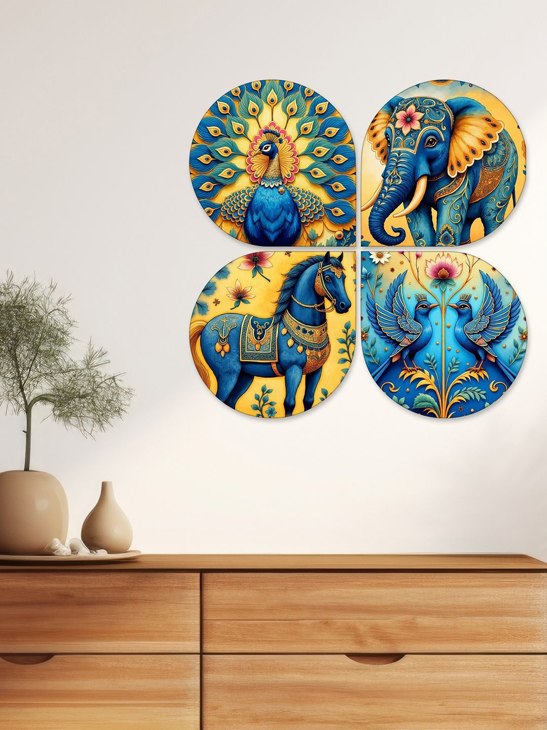 ArtVibes Blue & Yellow 4 Pieces Traditional Animal Printed Wall Hangings
