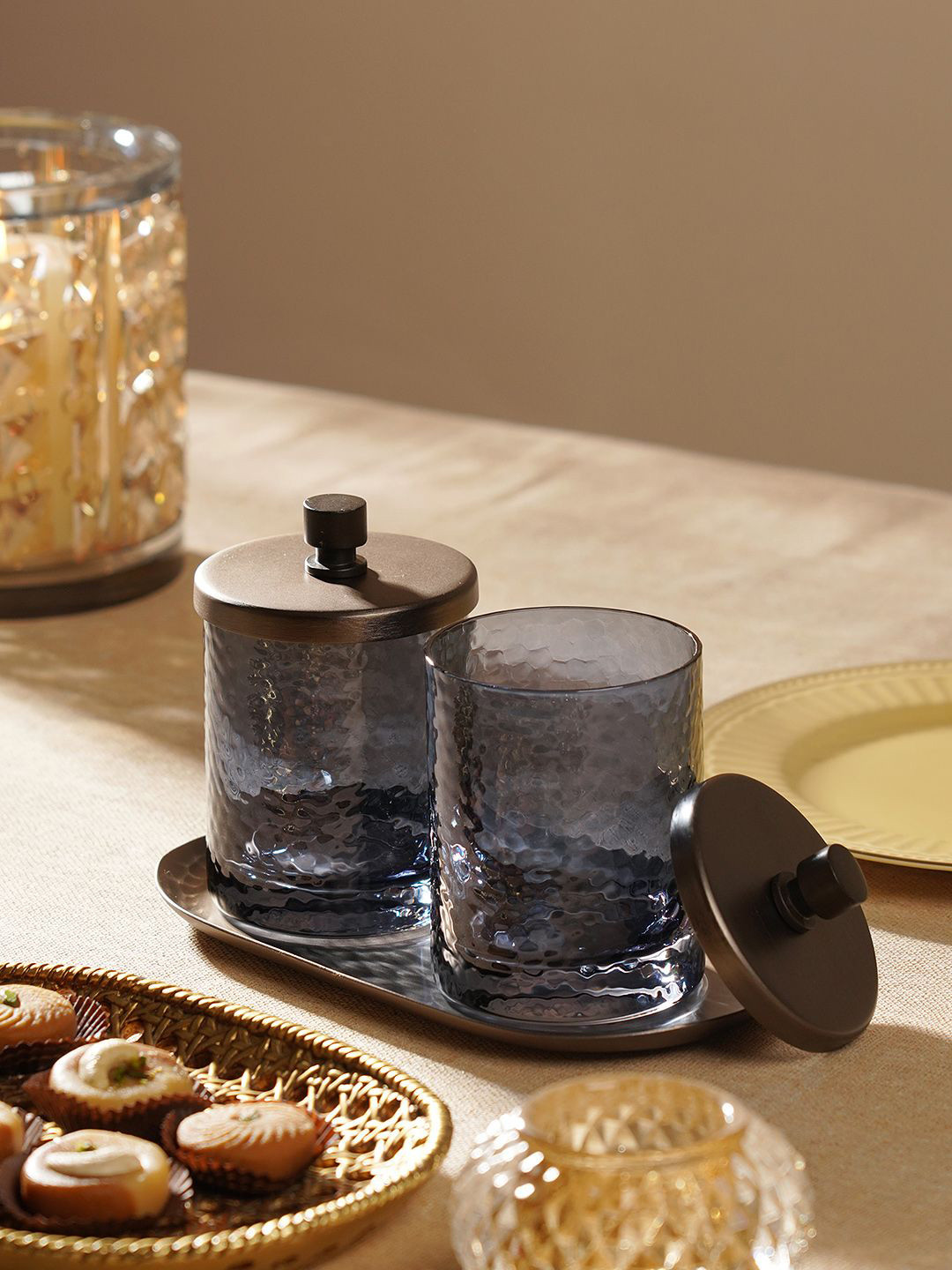 Pure Home and Living Unisex 2 Pieces Grey Glass Cylinder Shaped Condiment Jars With Tray