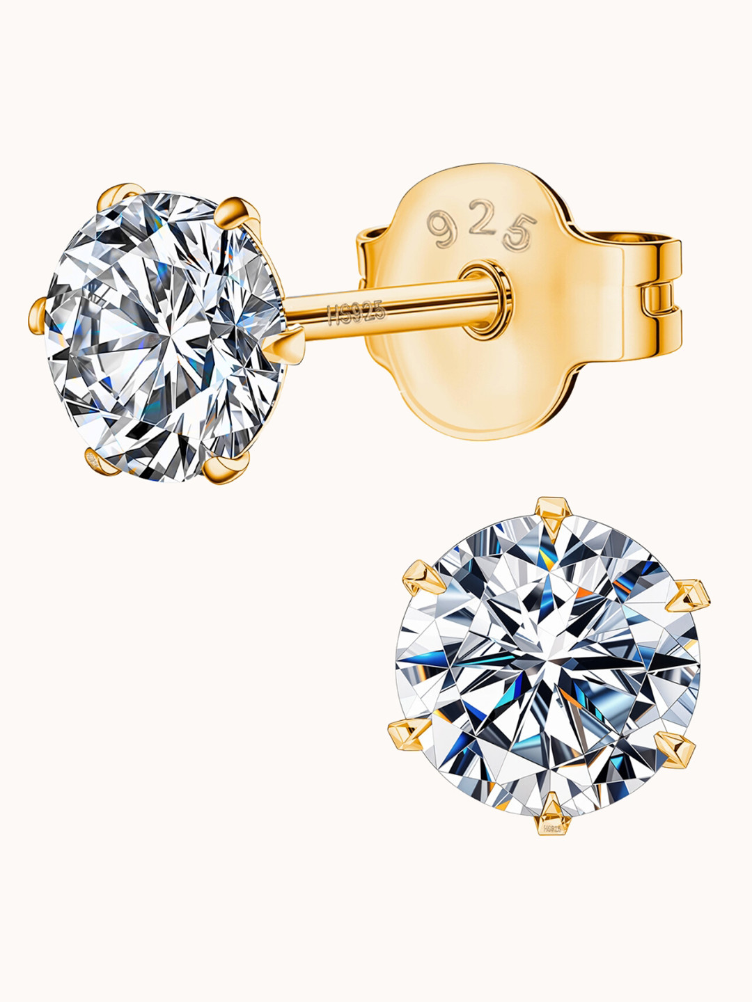 HighSpark 92.5 Silver Solitaire Round Studs Earrings in 18K Gold Finish - 4mm