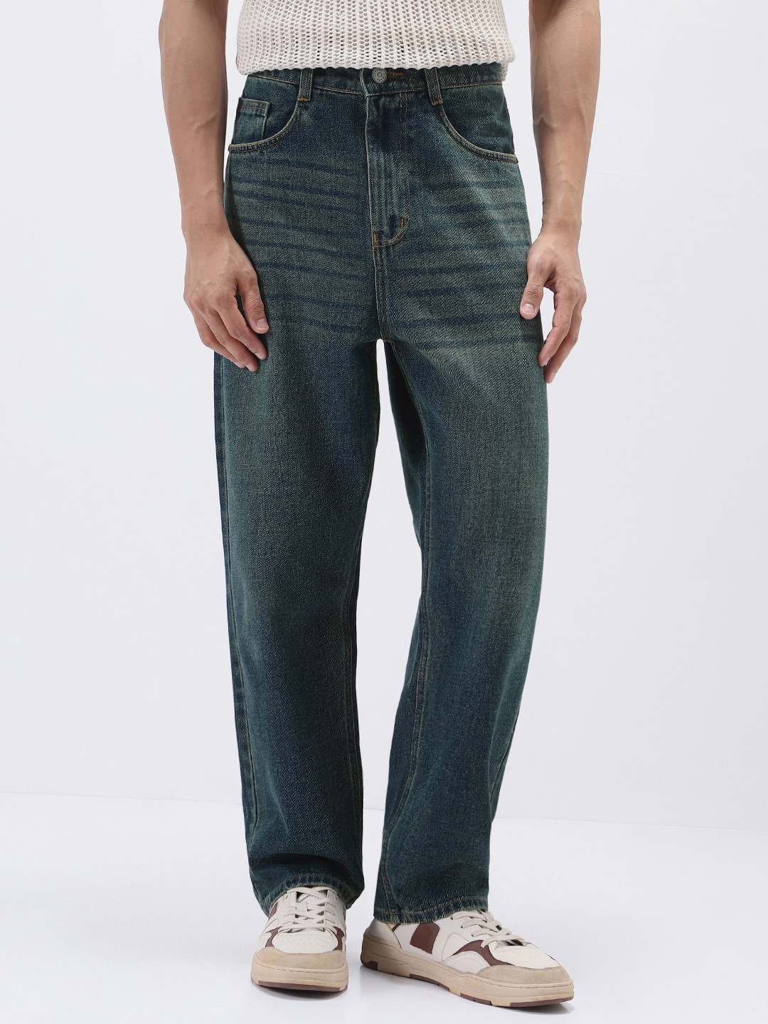 Urbano Fashion Men Denim Blue Loose Baggy Fit Heavy Washed Non-Stretchable Jeans