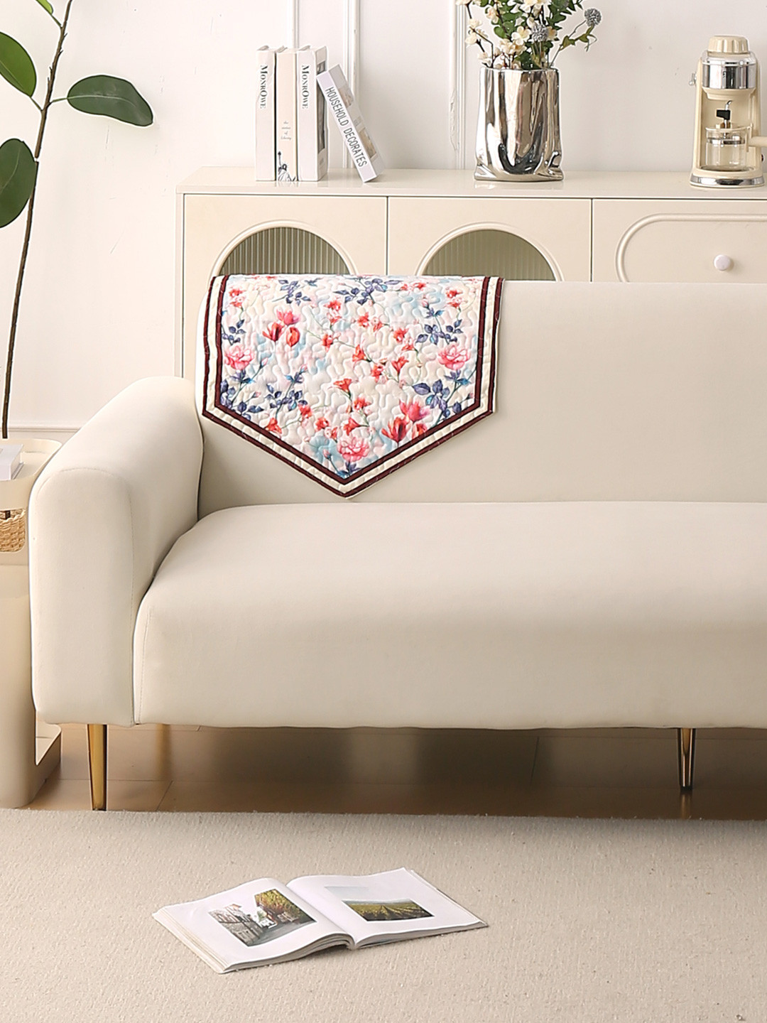 HOKIPO Florentina Series Scarlet Rose Ivory Printed Holland Velvet Backrest Cover Mat