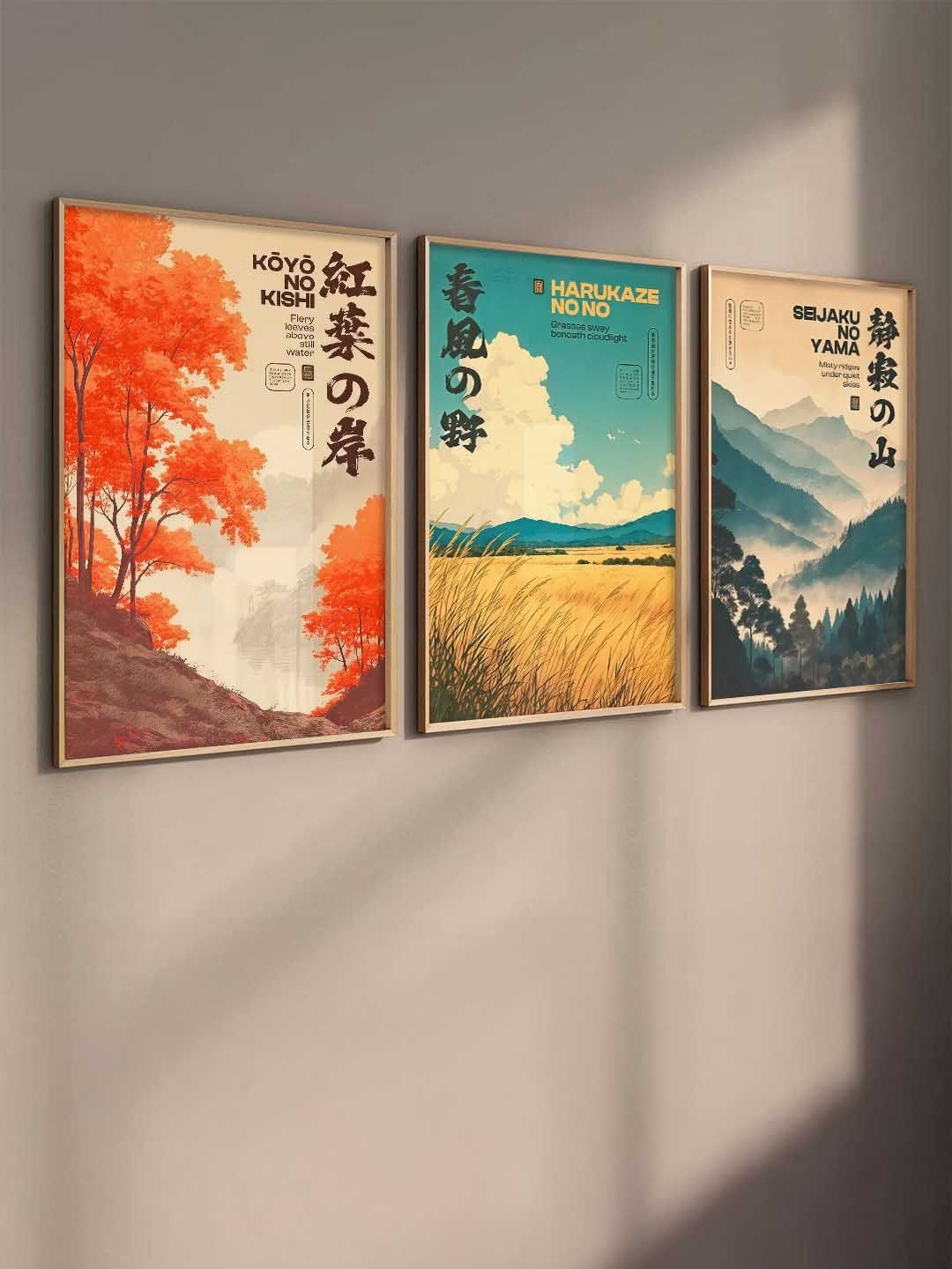 Kotart White & Blue 3 Pieces Japanese Art Wooden Rectangle Wall Arts