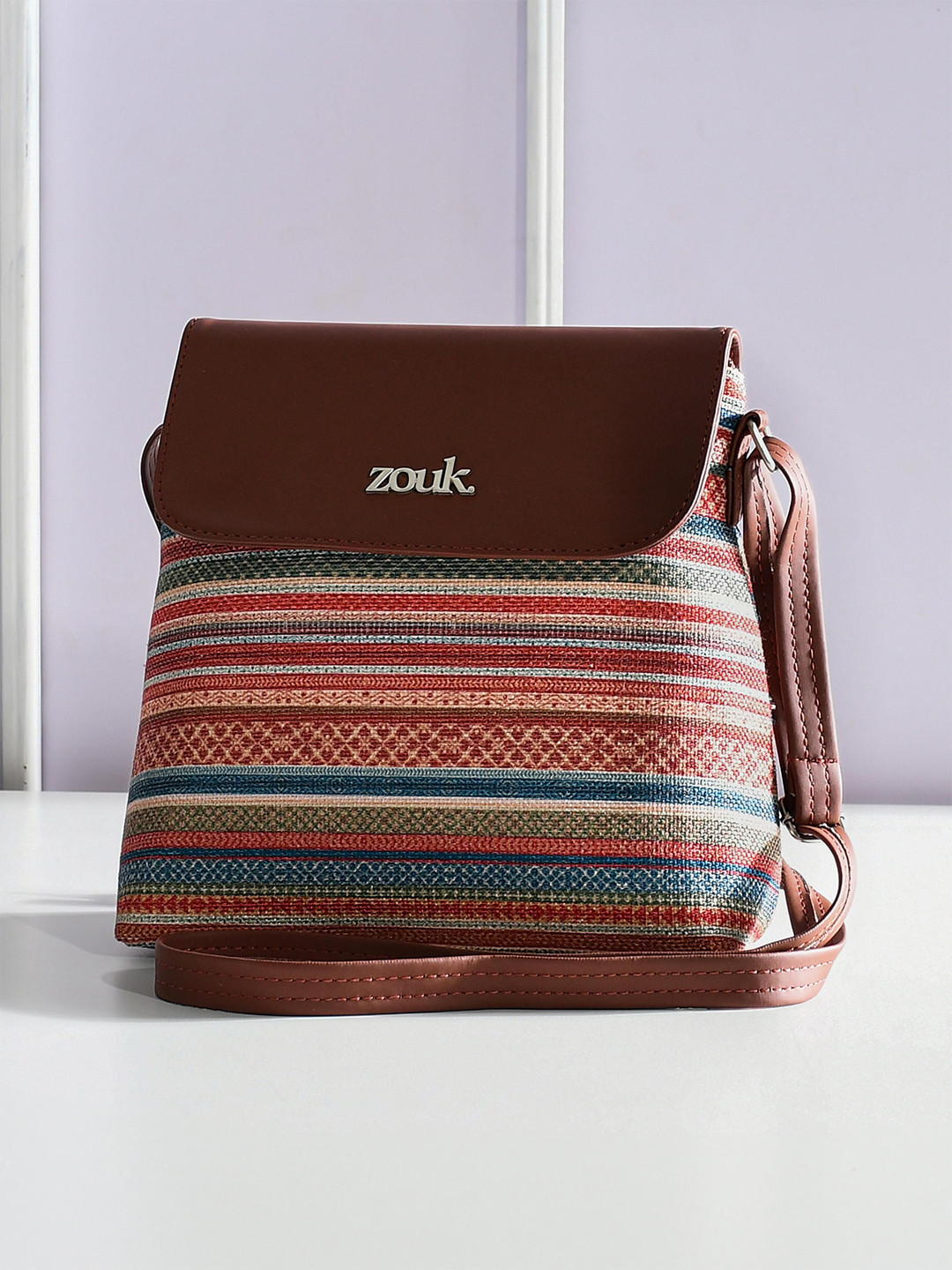 ZOUK Assam Tapestry Women Striped Crossbody Zip Detail Sling Bag