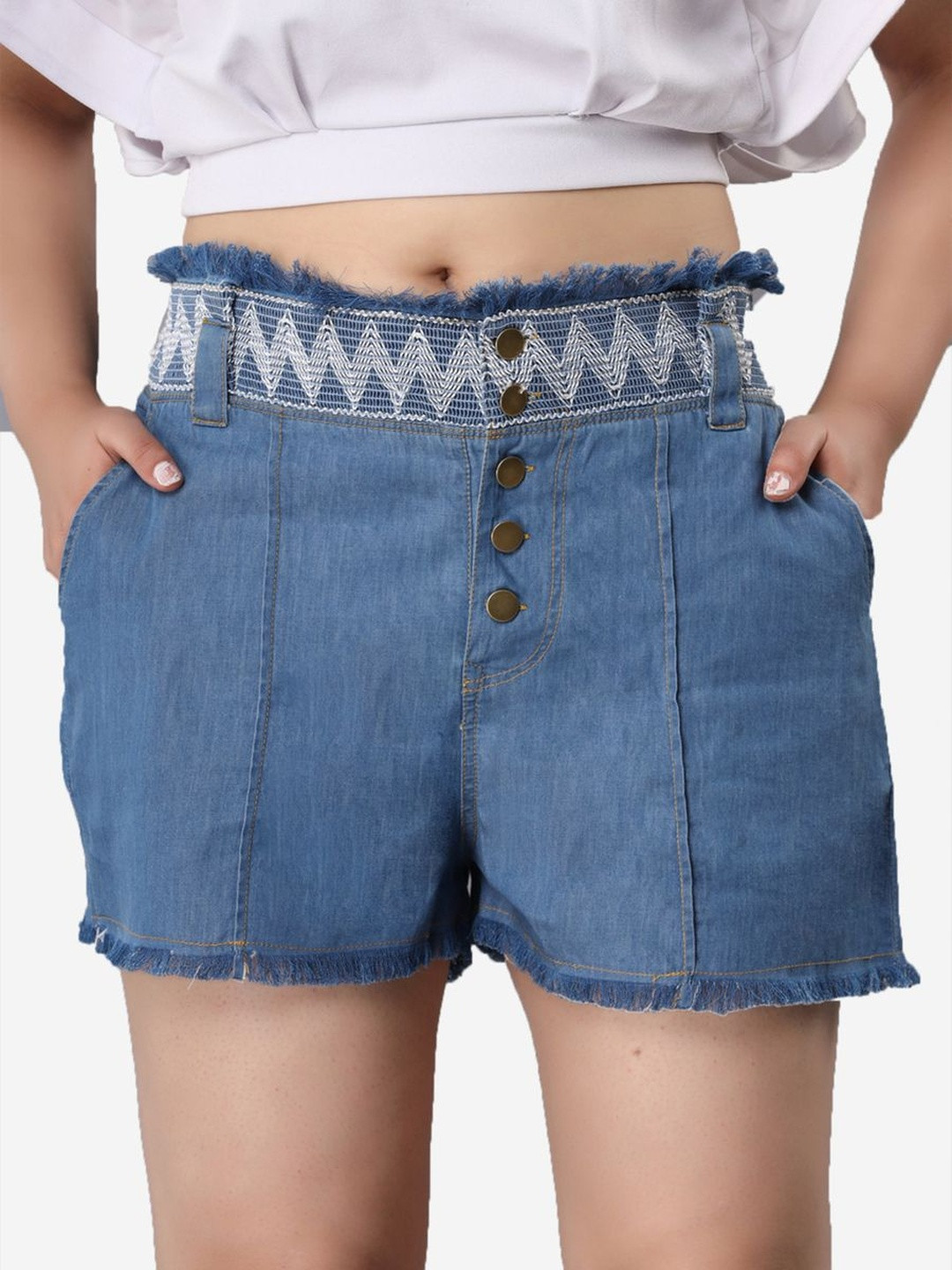 SUMAVI APPREALS Women High-Rise Embroidered Denim Shorts