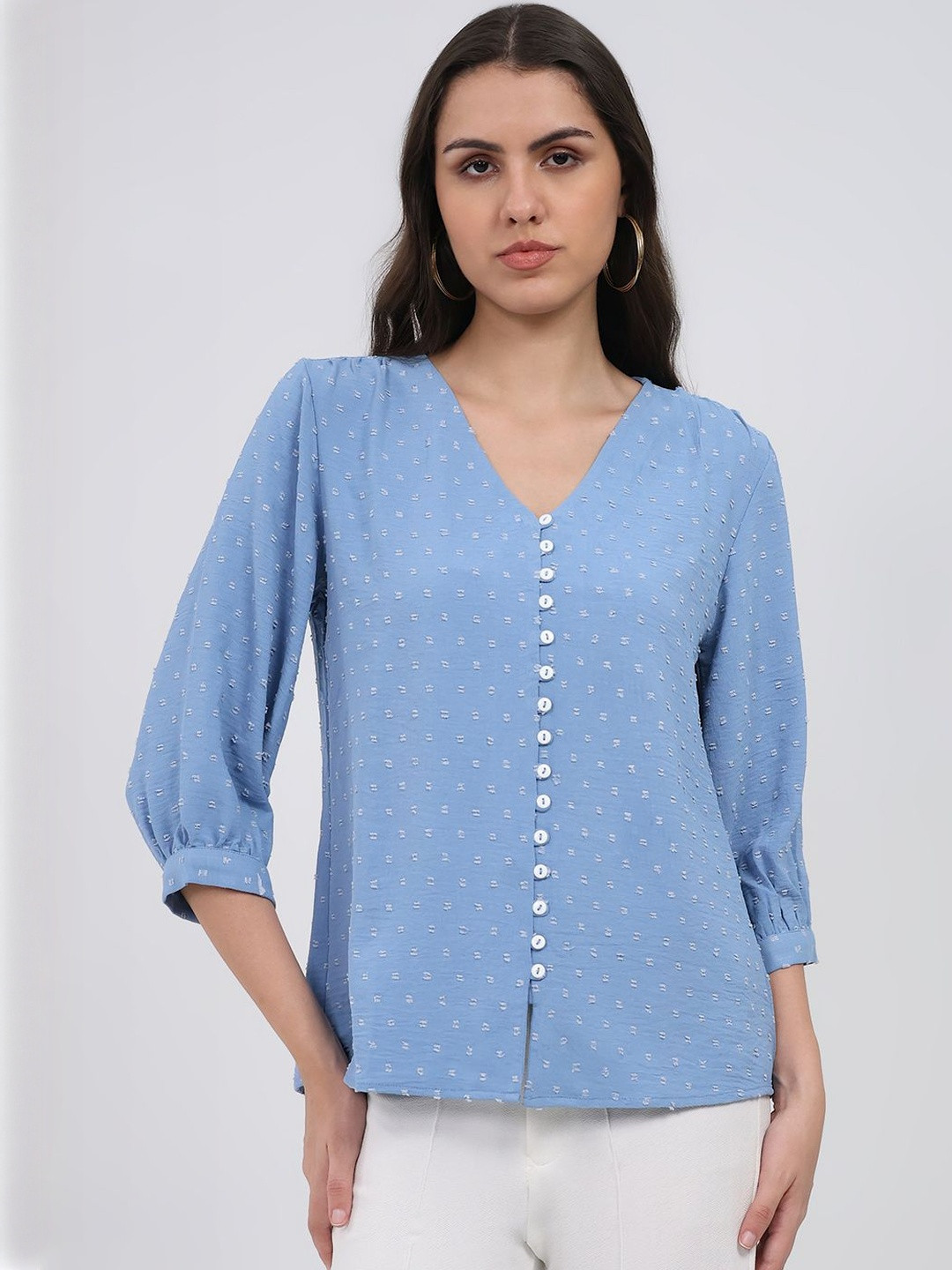 Monte Carlo Women Self Design V Neck Front Open Top