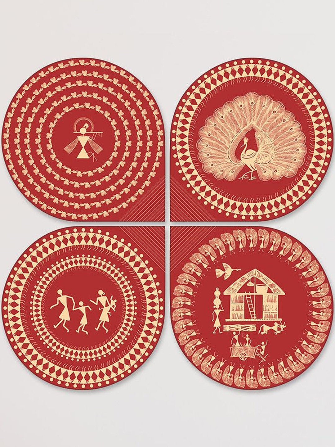 ArtVibes Red 4 Pieces Printed Warli Decorative Wooden Decals and Stickers