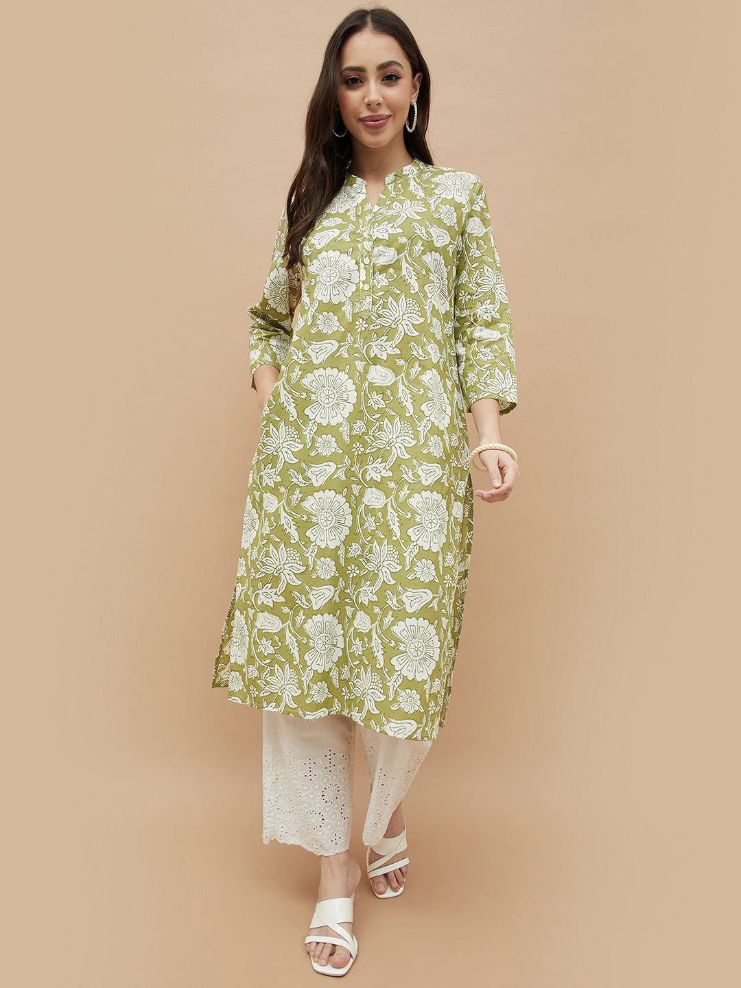 Melange by Lifestyle Floral Printed Three-Quarter Sleeves Notch Neck Cotton Straight Kurta