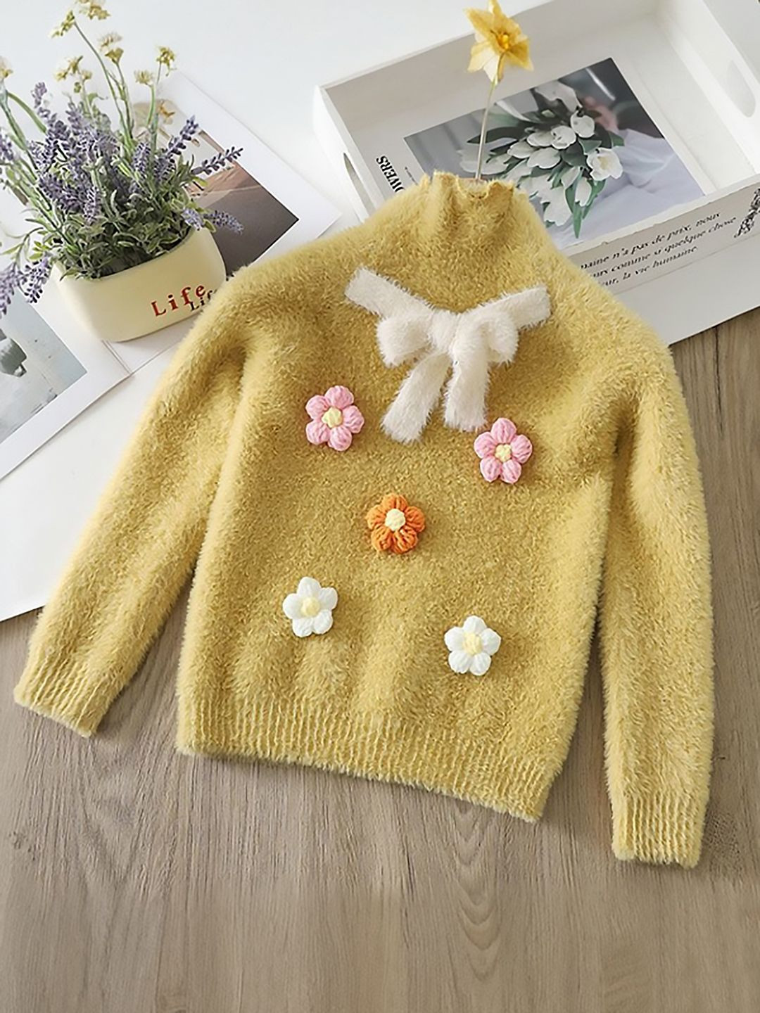 INCLUD Girls Turtle Neck Pullover With Bow & Flower Applique