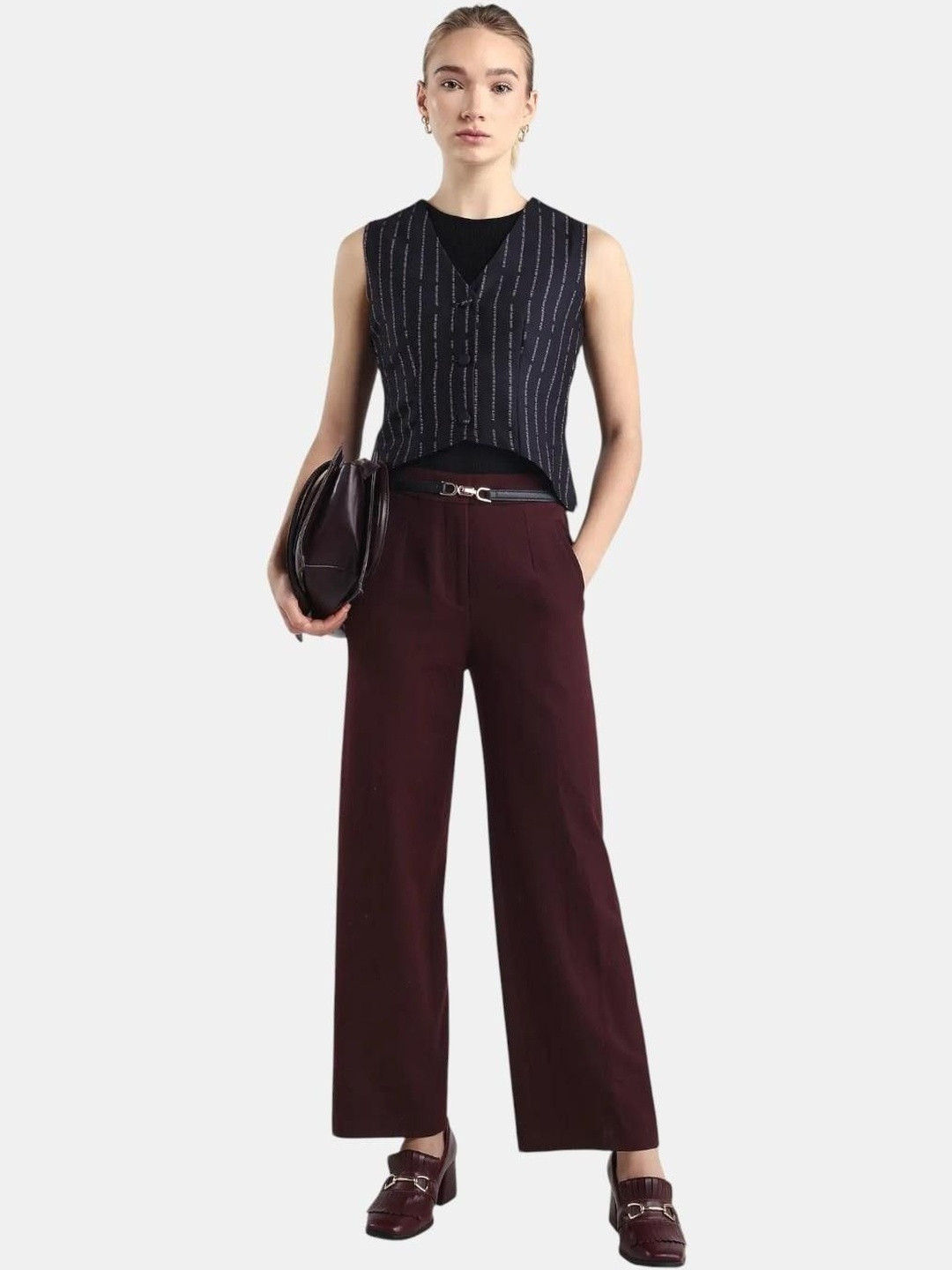 RAREISM Srait Women Straight Fit Mid-Rise Pleated Trousers With Pockets