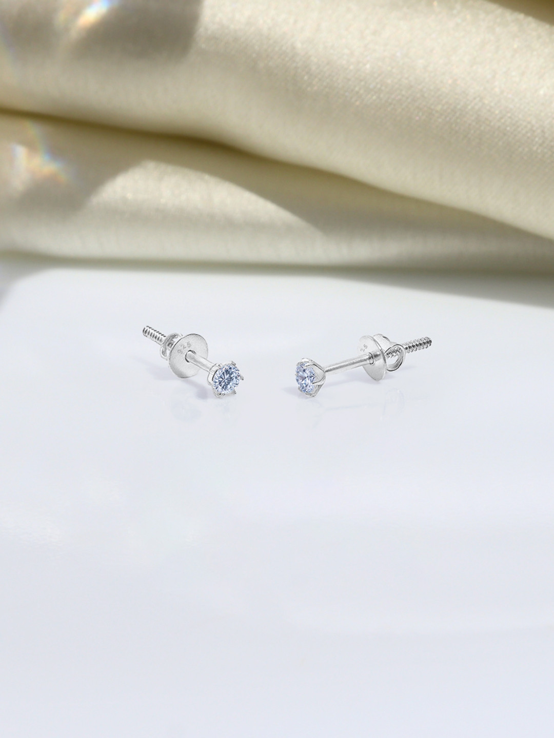 HighSpark 92.5 Silver Round Zirconia Studded Screwback Stud Earrings - 3mm