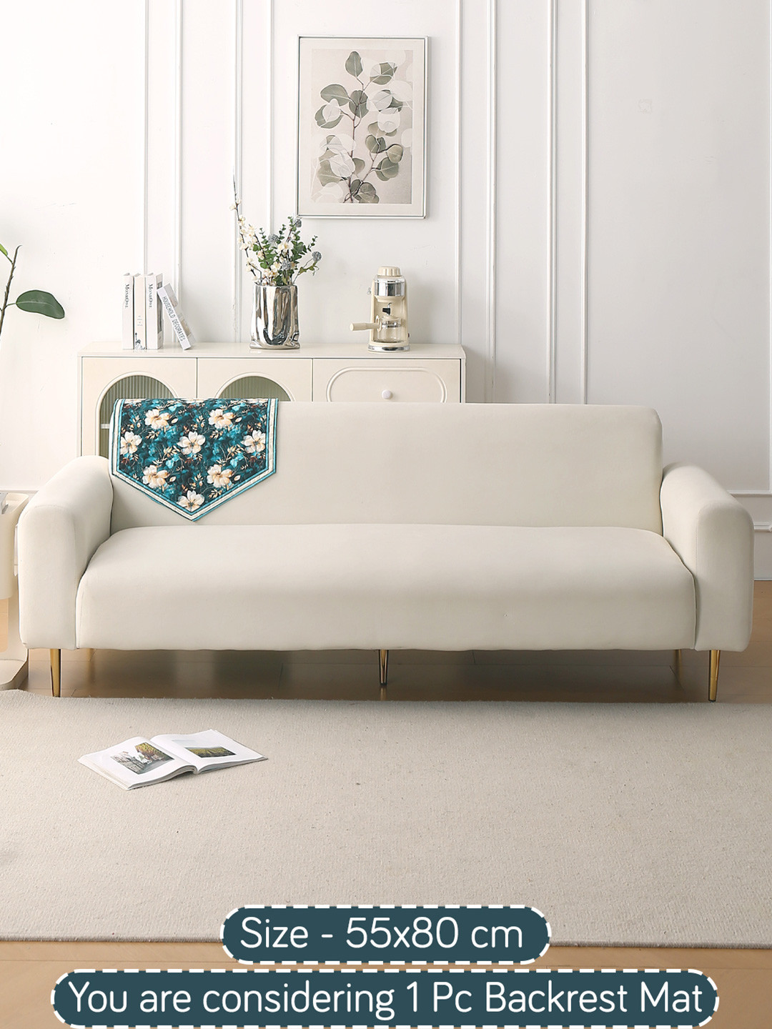 HOKIPO Florentina Series Pansies Teal & White Printed Holland Velvet Backrest Cover Mat