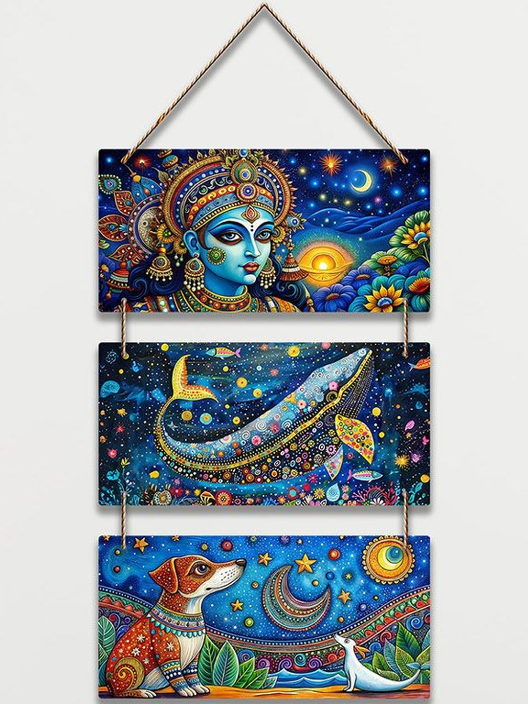 ArtVibes Blue & Green Indian Folk Fusion Art Wooden Wall Hanging