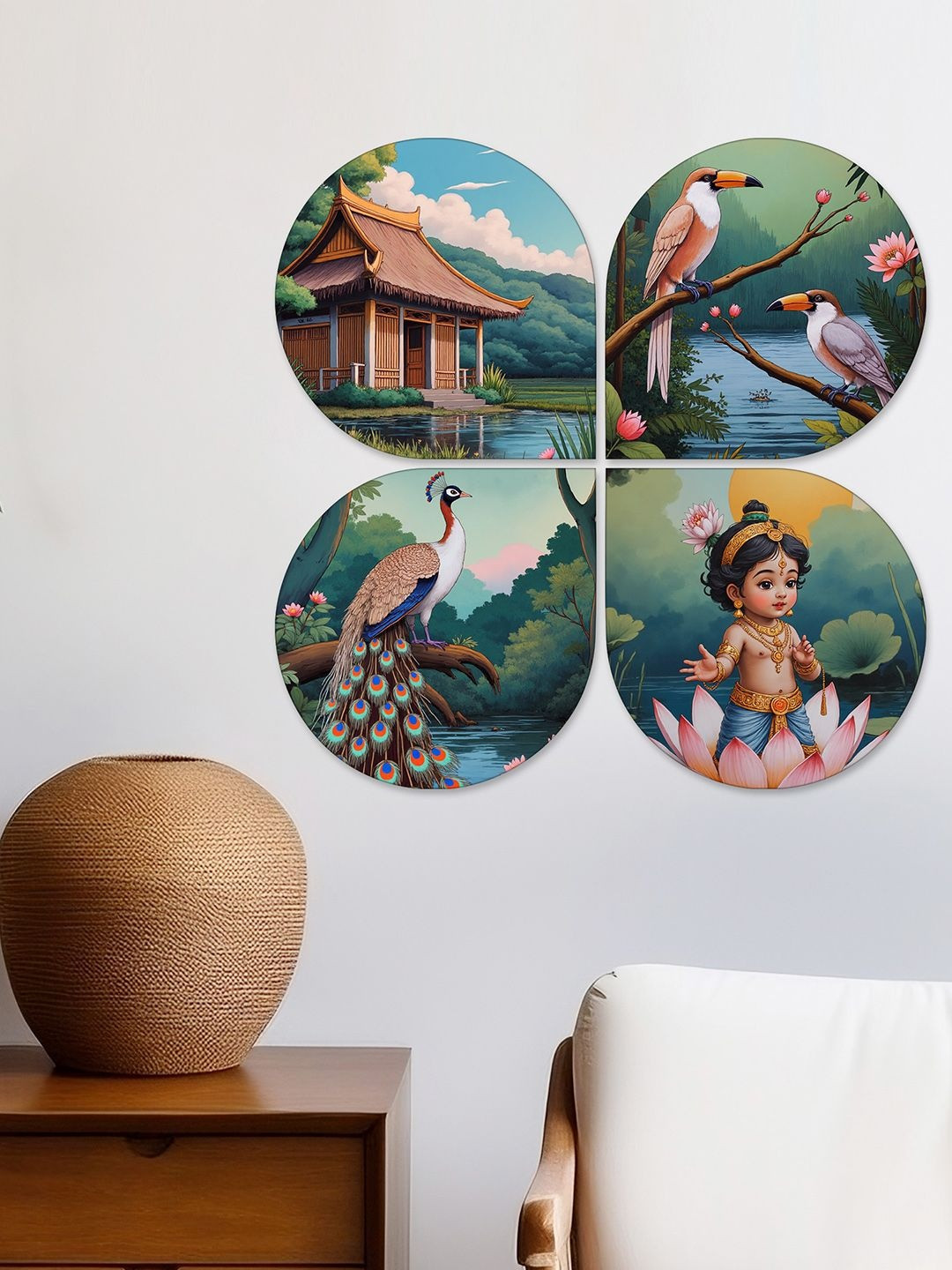 ArtVibes Set Of 4 Blue & Green Nature Spiritual Wooden Wall Decor