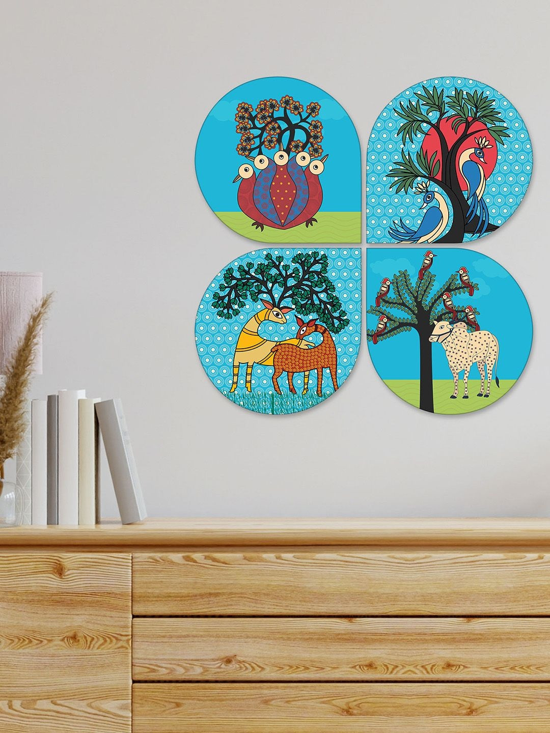 ArtVibes Set Of 4 Blue & Green Folk Art Wooden Wall Decor