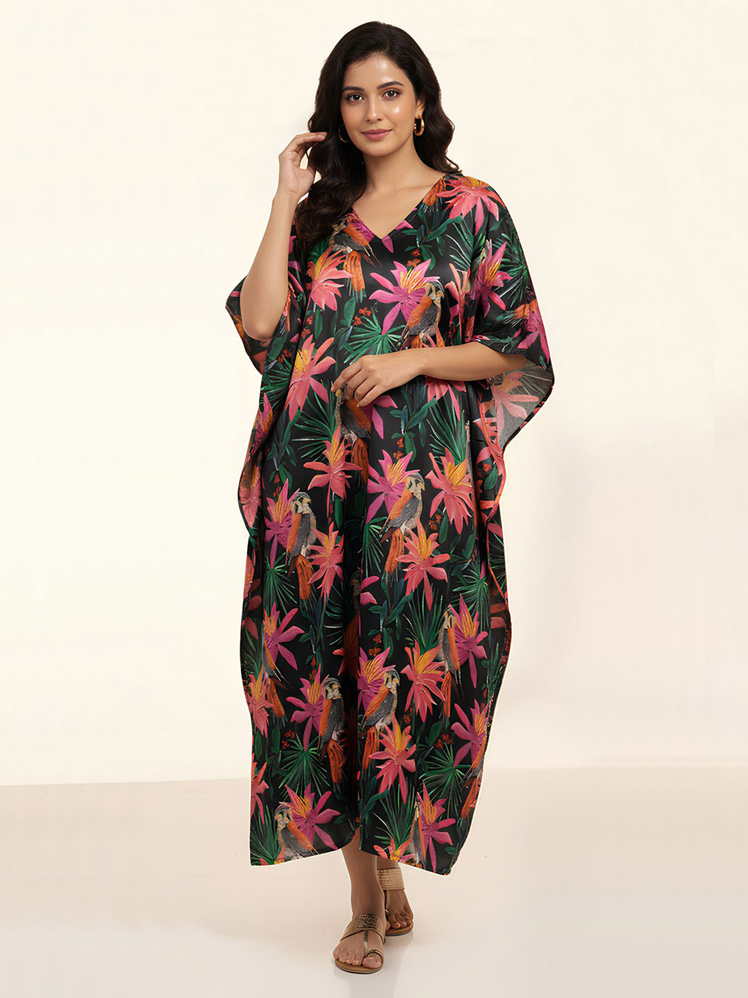 Punnu Women Polyester Tropical Print Batwing Sleeve Satin Kaftan Maxi Dress