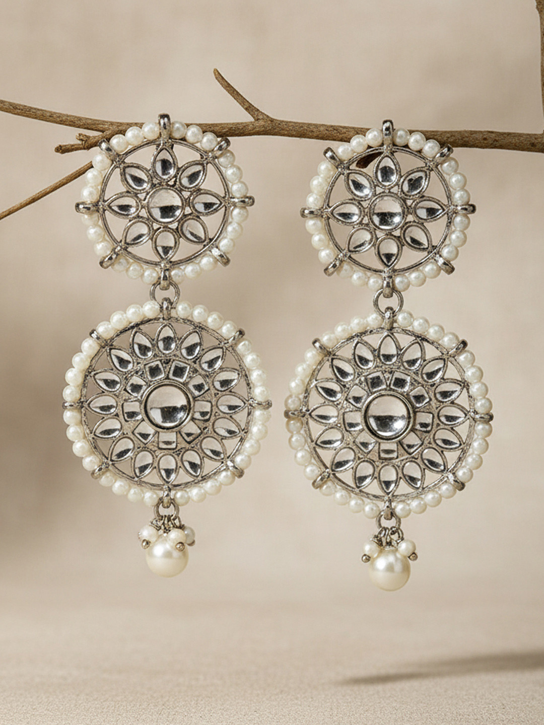 KARATCART Silver-Toned & White Kundand Studded Drop Earrings