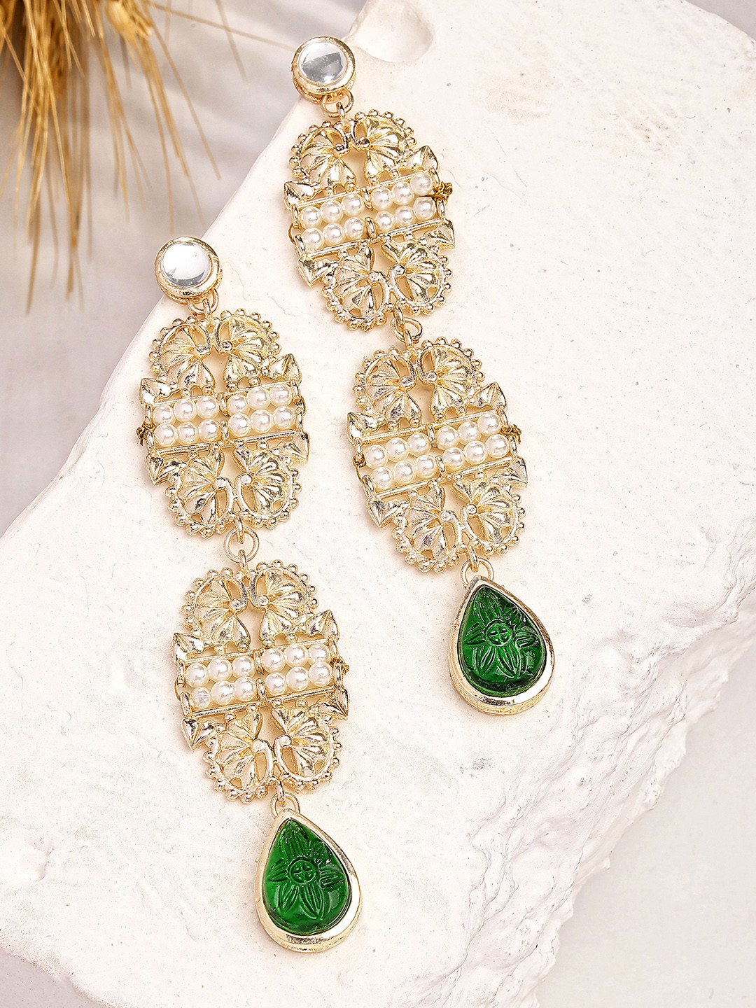 KARATCART Green Gold-Plated Kundan Stone Studded & Beaded Drop Earrings