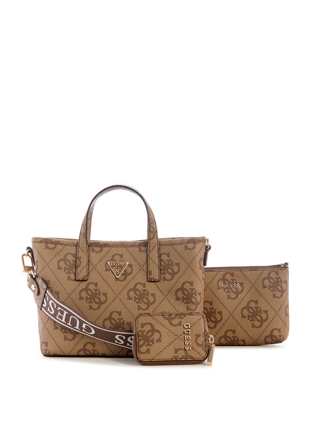 GUESS Women Latona Brand Logo Printed Structured Cut Work Handheld Bag with Pouch