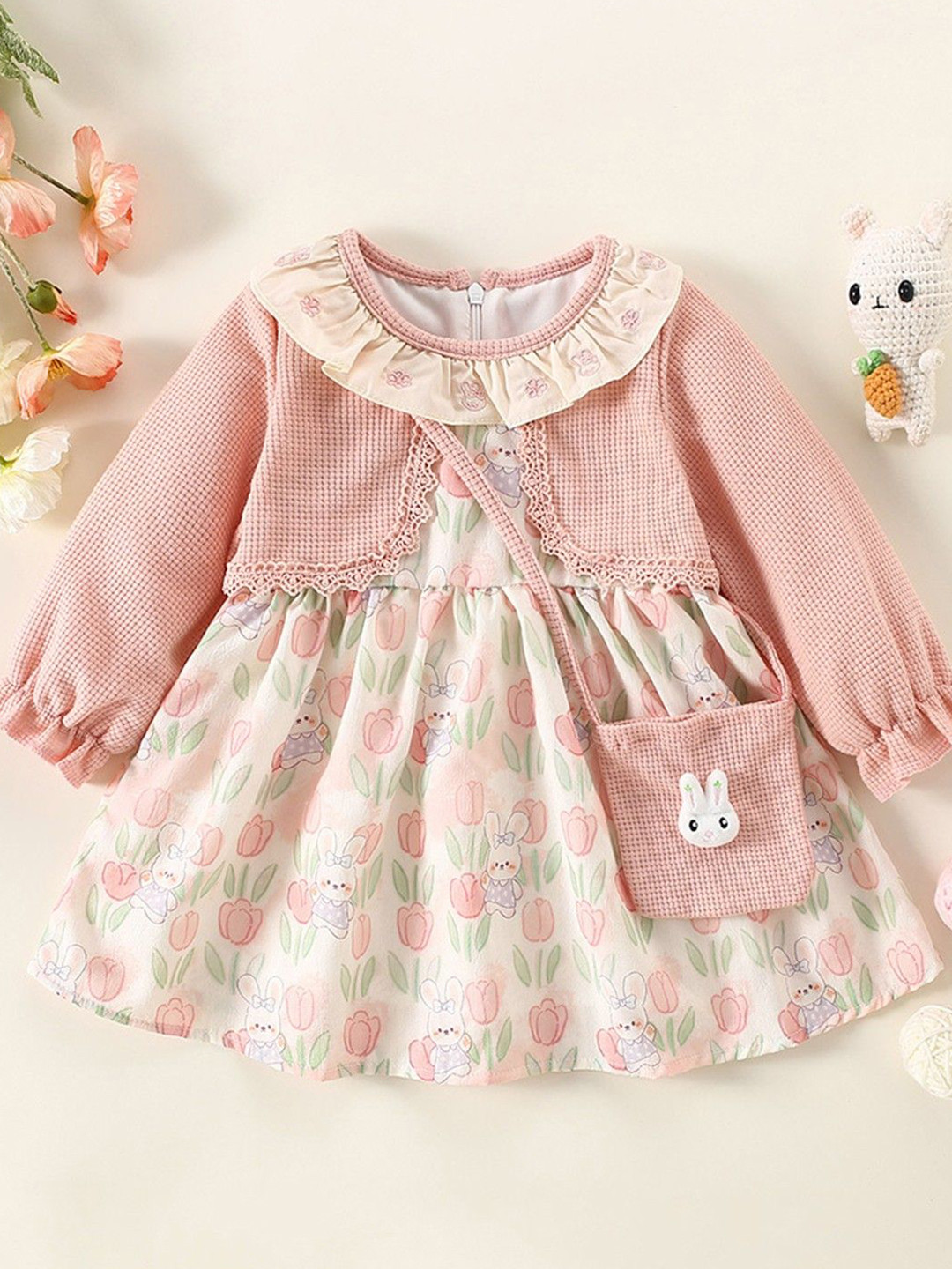 YK Girls Korean Version Round Neck With Ruffles Detail Fit & Flare Dress With Sling Bag