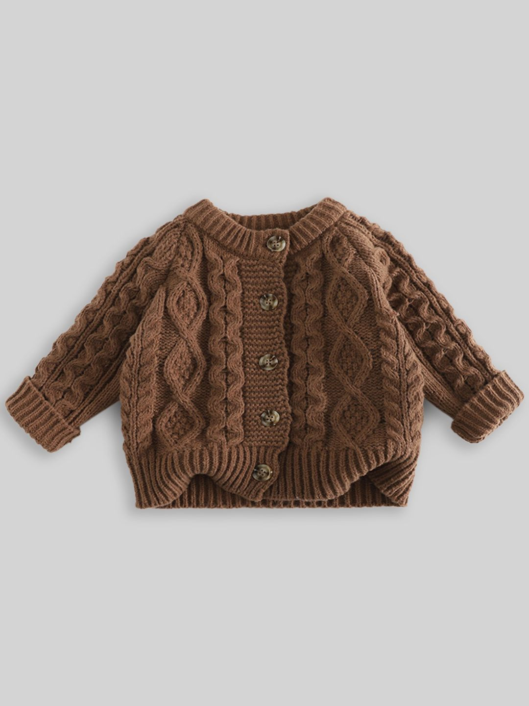 INCLUD Girls Cable Knit Self Design Cardigan Round Neck Cardigan