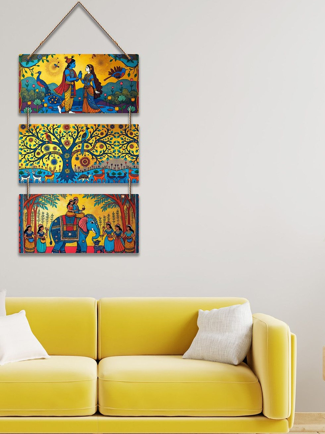 ArtVibes Blue & Yellow Printed Devotional Art Radha & Krishna Wooden Wall Hanging