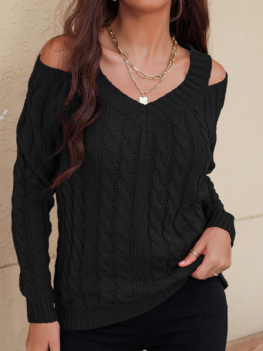 StyleCast x Revolte Cable Knit Self Design V-Neck Pullover Sweater