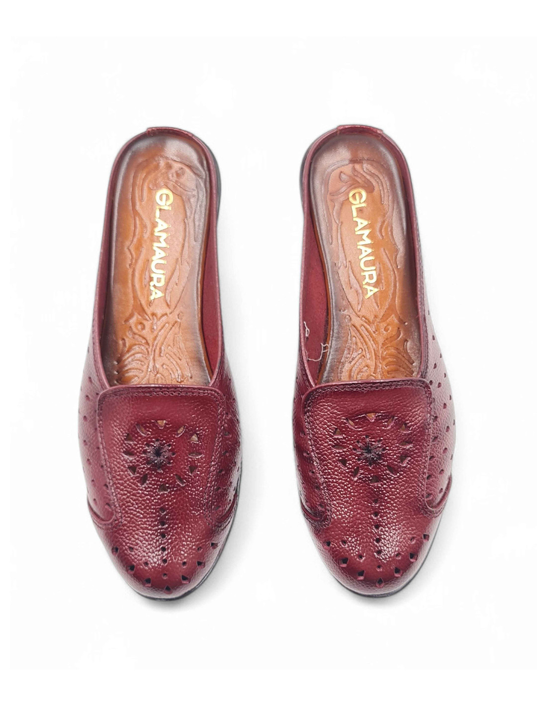 GLAMAURA Women Textured  Leather Slip-On Backless Loafers With Cutwork Detailing