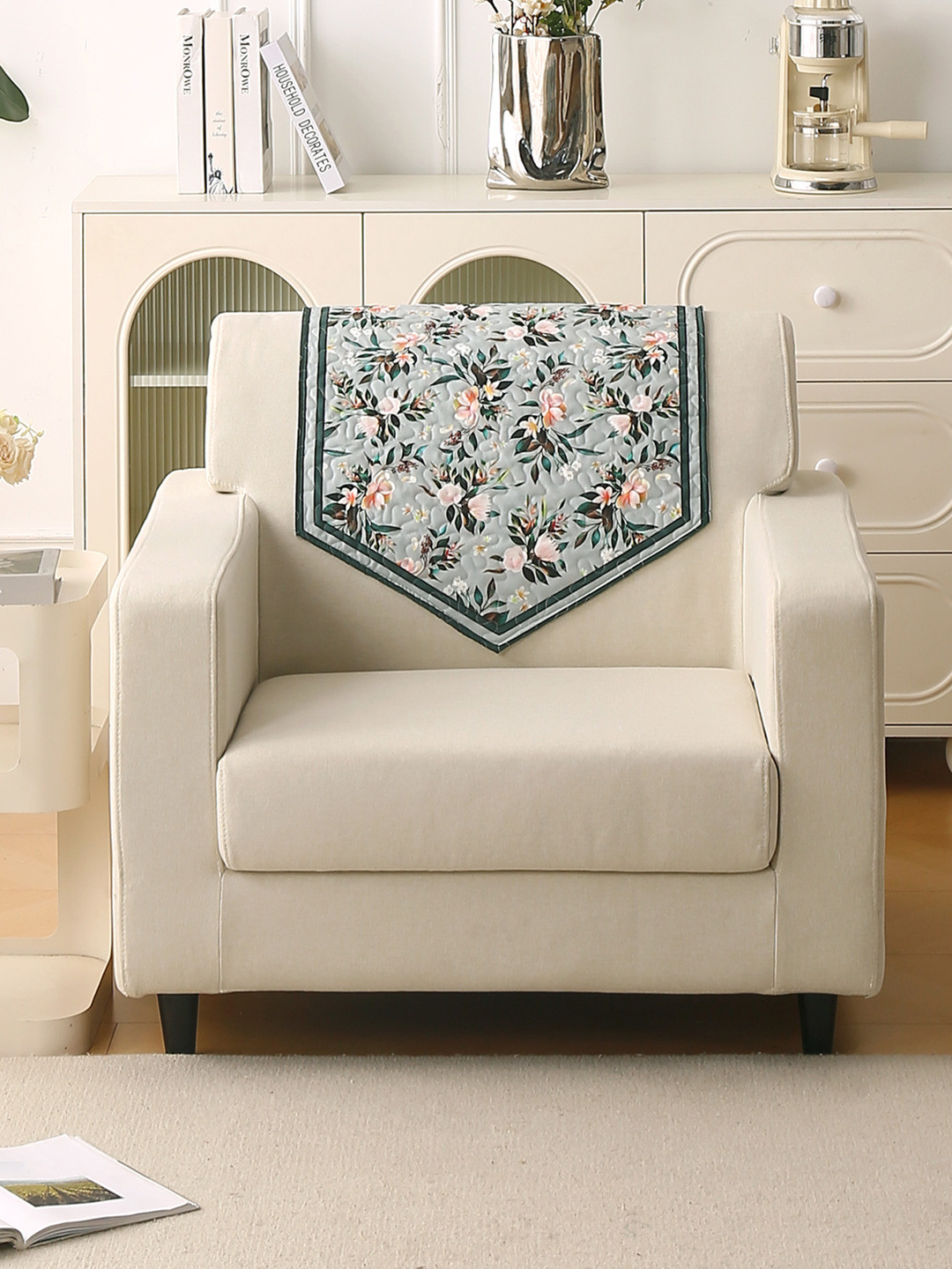 HOKIPO Florentina Series Magnolia Green & Pink Printed Holland Velvet Backrest Cover Mat