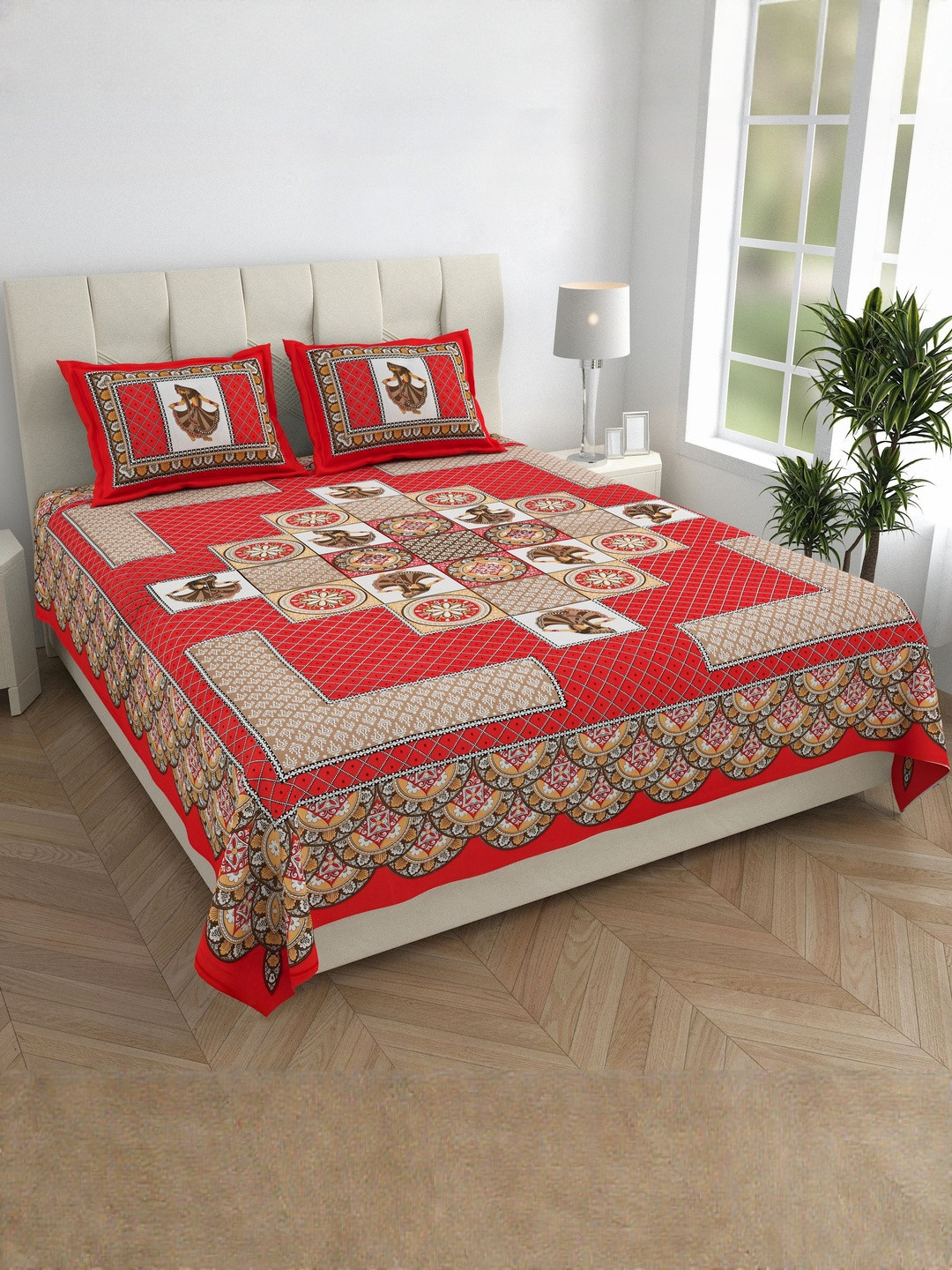 ABHACLOTHO Red & Brown Printed Cotton 144 TC Double Bedsheet Set 2.10 m x 2.35 m