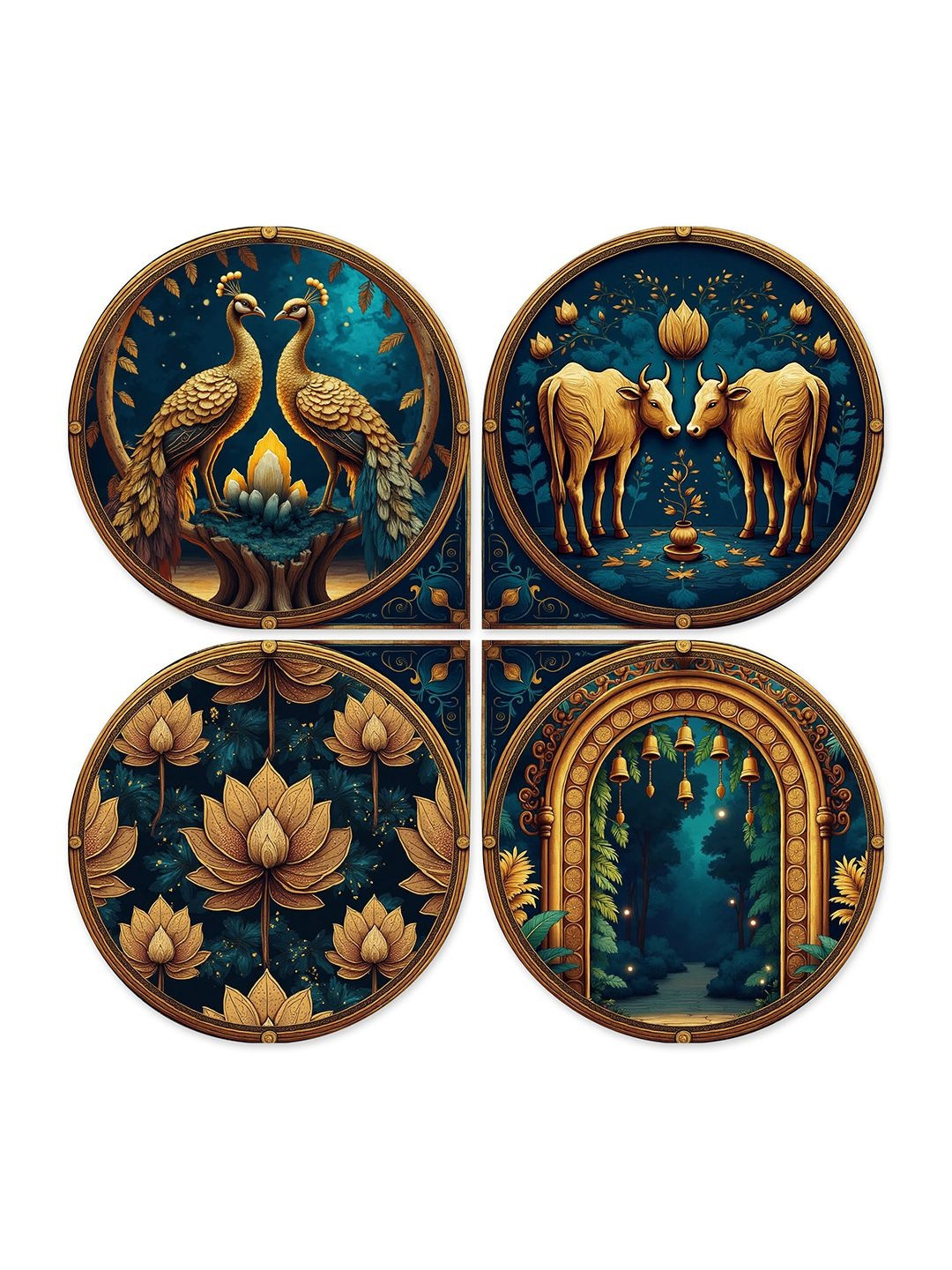 ArtVibes Green & Gold Toned Set Of 4 Aesthetic Nature Printed Wooden Wall Decors