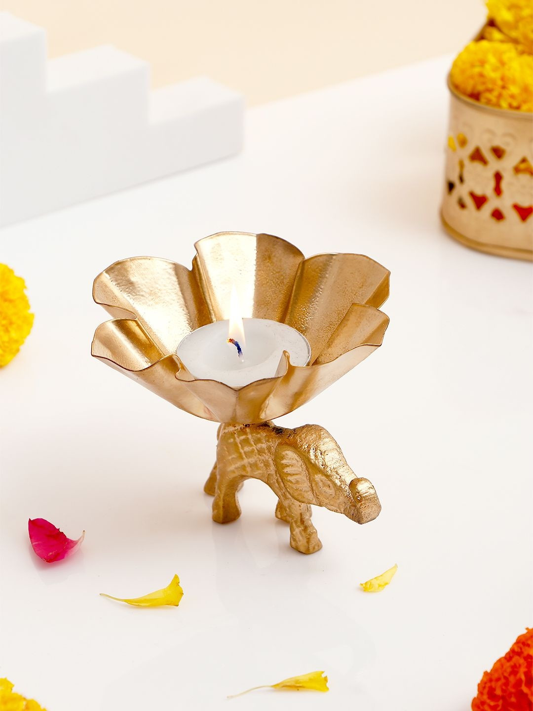 Archies Golden Metal Elephant Diya For Pooja Essentials