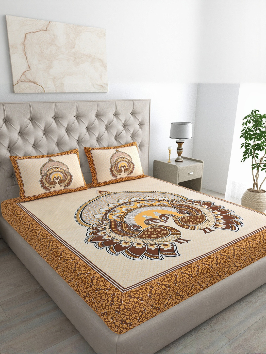 ABHACLOTHO Yellow & Brown Printed Cotton 144 TC Double Bedsheet Set 2.10 m x 2.35 m