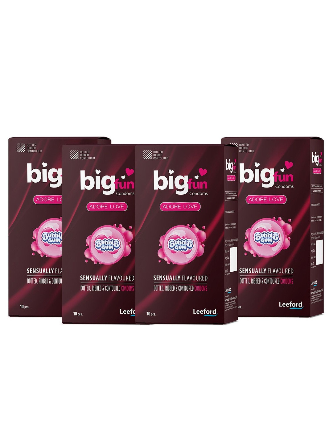 BIGFUN Set Of 4 Dotted Ribbed & Contoured Condoms - Bubblegum -  40pcs
