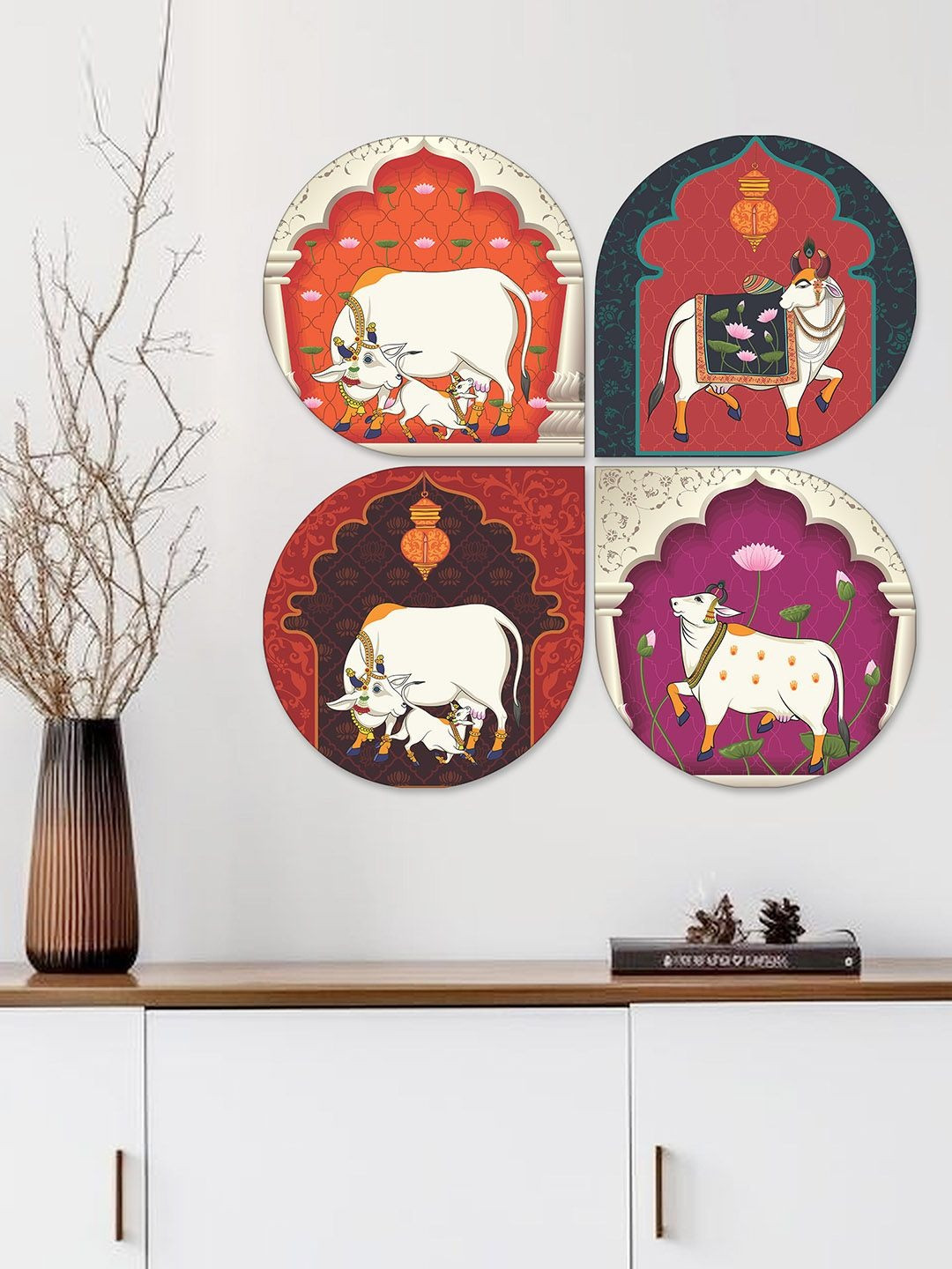 ArtVibes White & Red 4 Pieces Pichwai Printed Wall Hanging