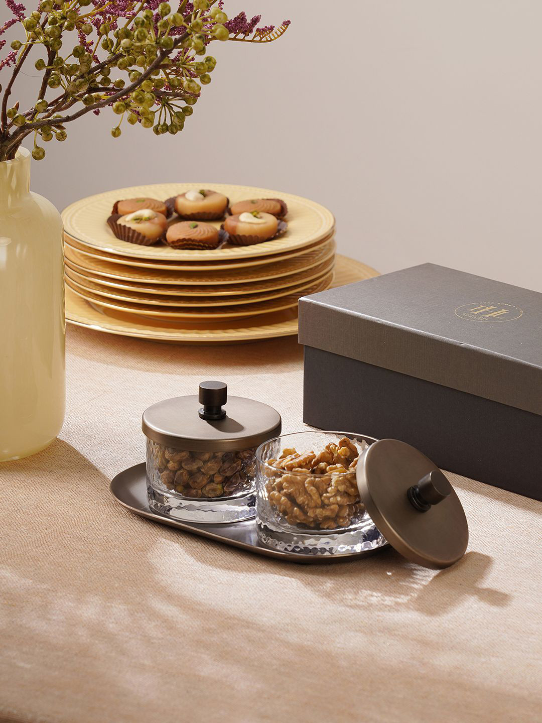 Pure Home and Living Unisex Set Of 2 Transparent Cylinder Glass Condiment Jars With Tray