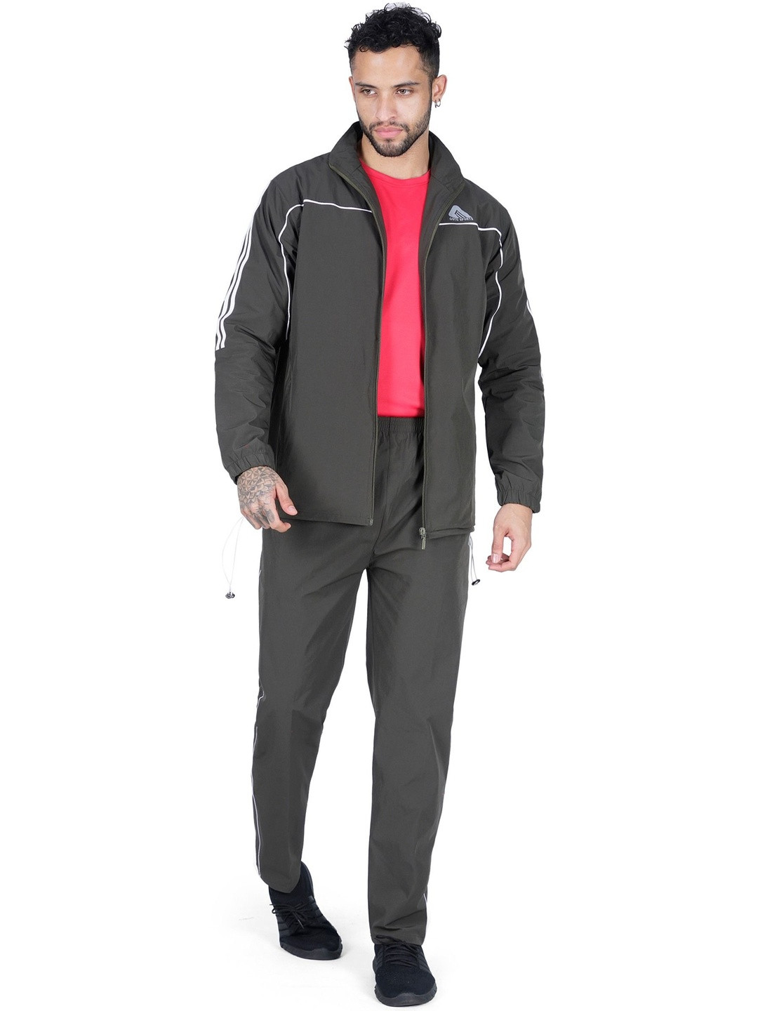 GOTO SPORTS Men Striped Mock Collar Long Sleeves Mid-Rise Tracksuit