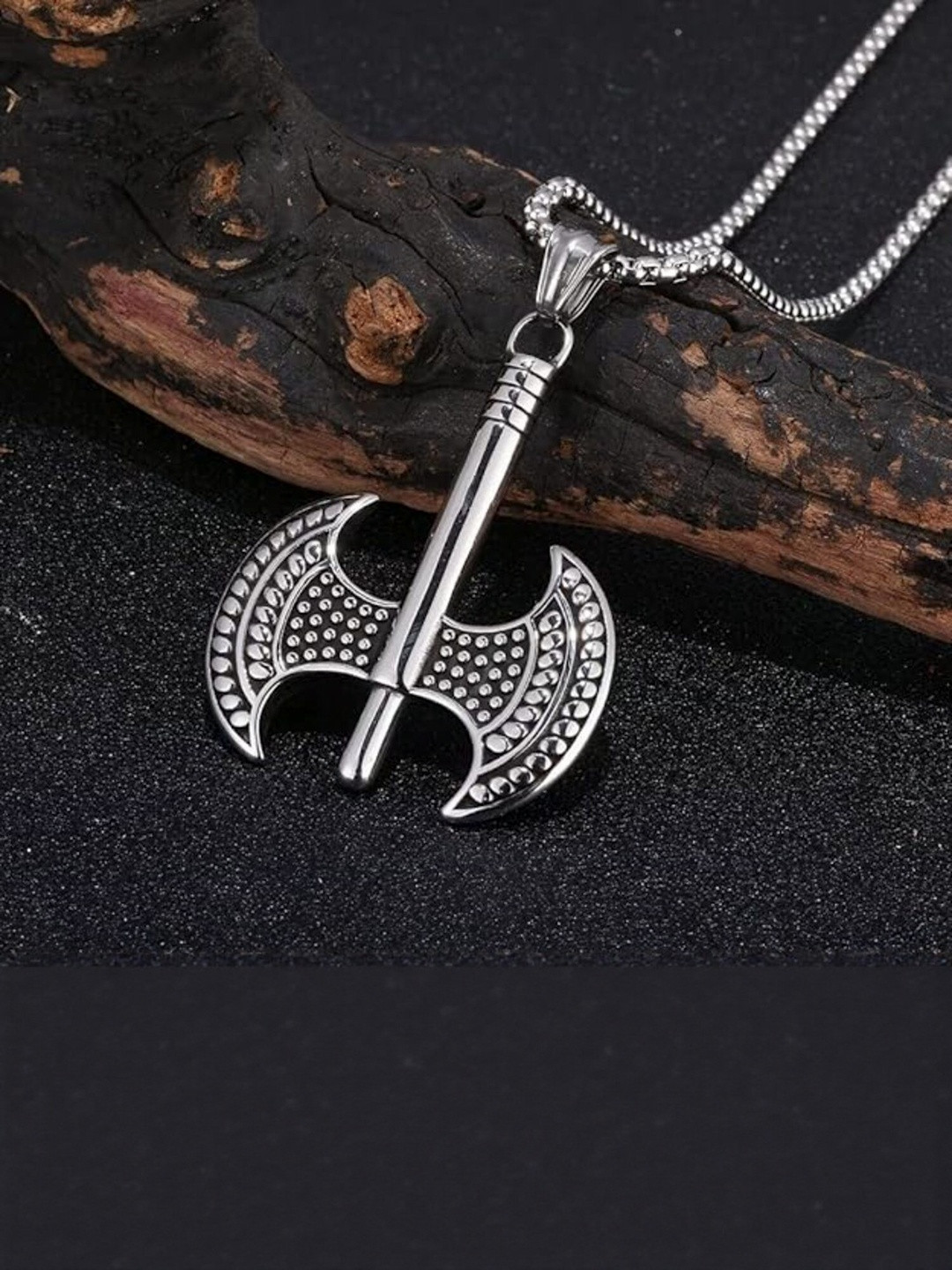 The Glitz Gallery Unisex Stainless Steel Silver-Plated Viking Axe Pendants With Chains