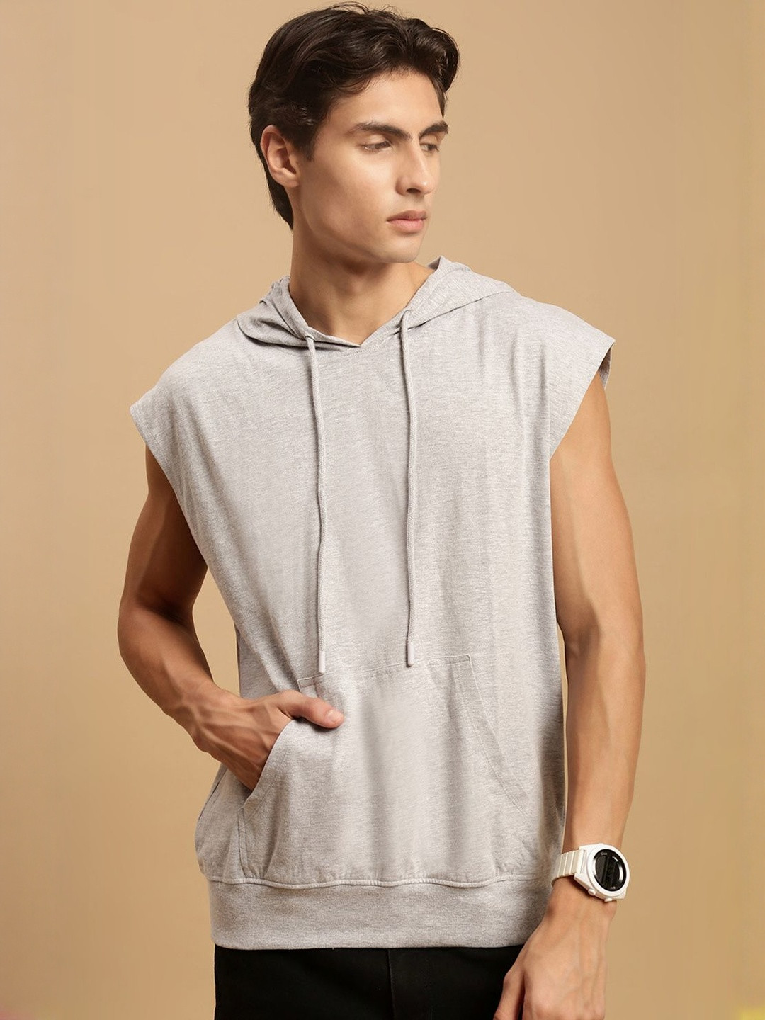 Ecolore Hooded No Sleeves Pure Cotton Pockets Oversized T-shirt