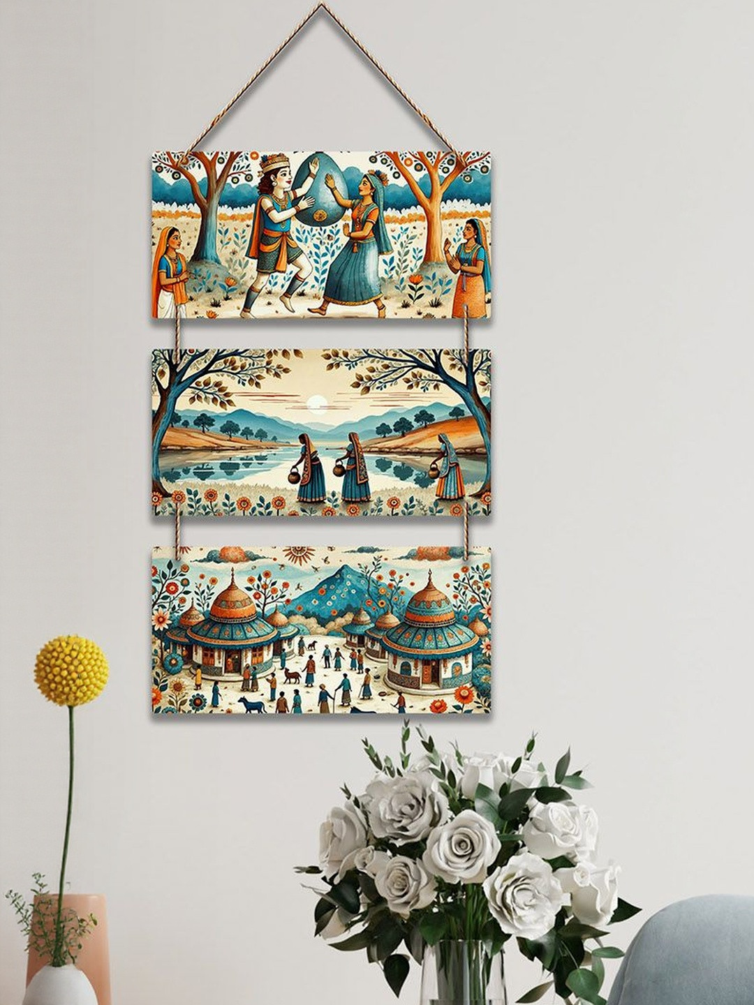 ArtVibes Blue & Brown Village Life Indian Folk Art Printed Wooden Wall Hanging