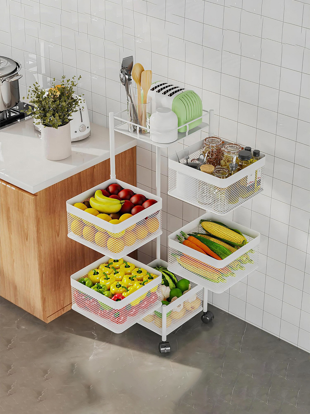 RUBOXA White 5+1 Layer Anti-Rust Square Shape Multi-Purpose Kitchen Organizer
