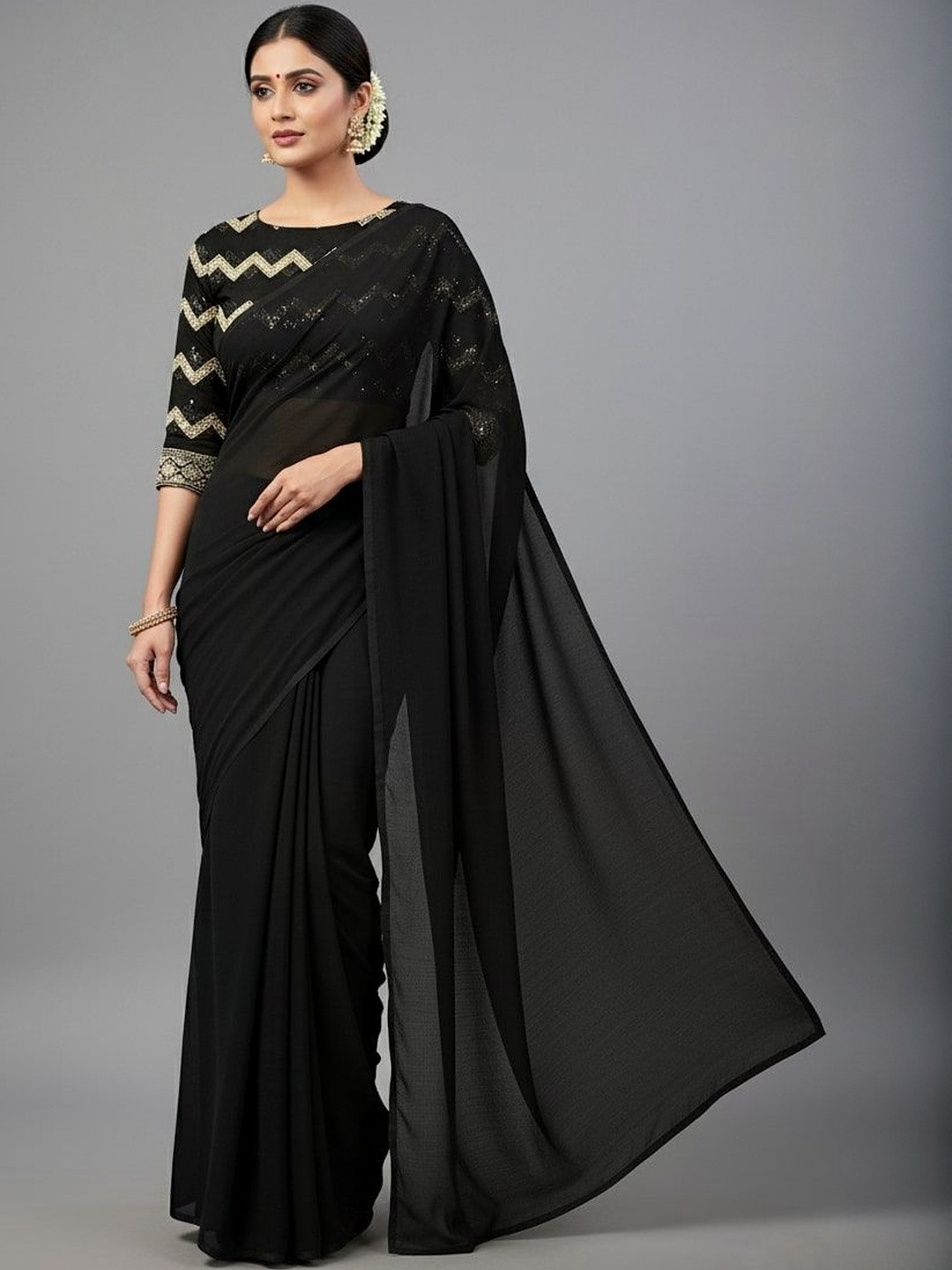 Shilpkala Roopkala Sequinned Heavy Work Pure Chiffon Saree with Blouse Piece